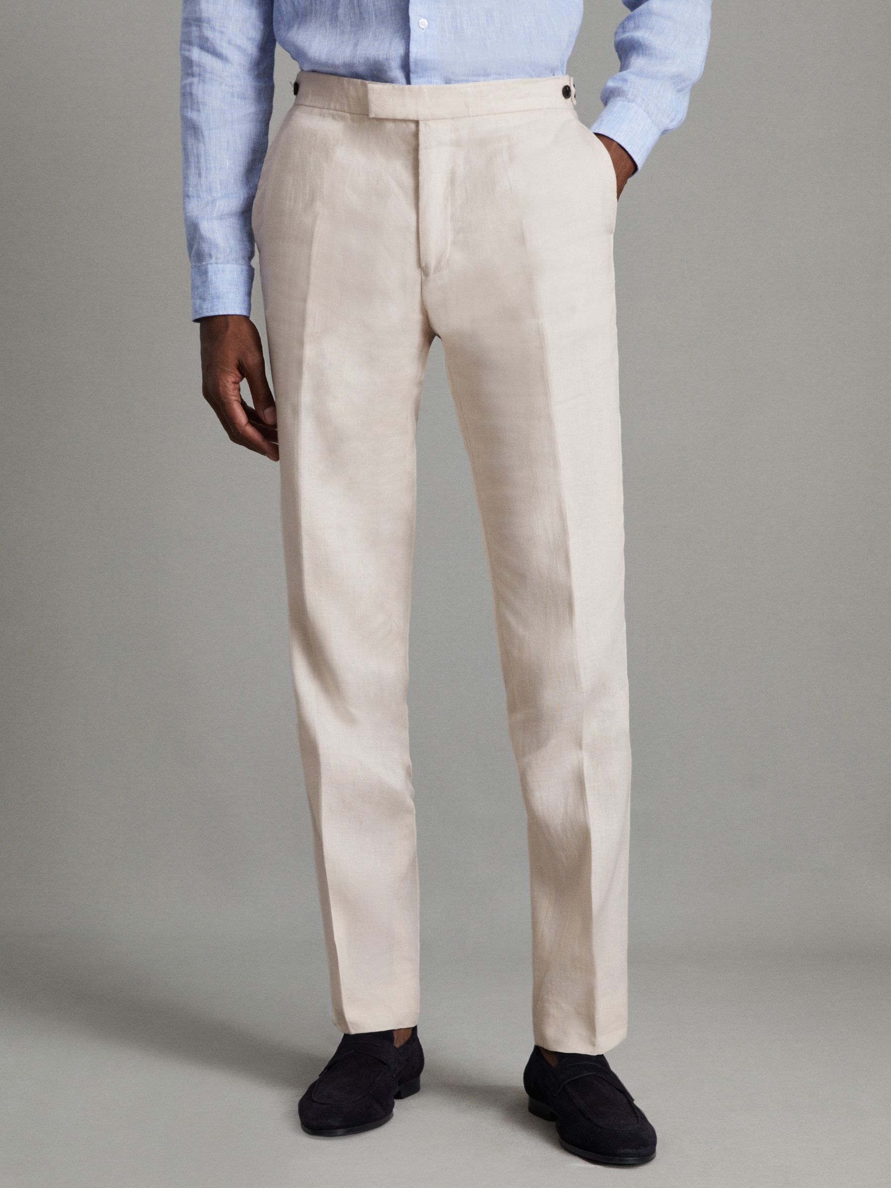 Slim Fit Linen Trousers in Stone - Image 1 of 6