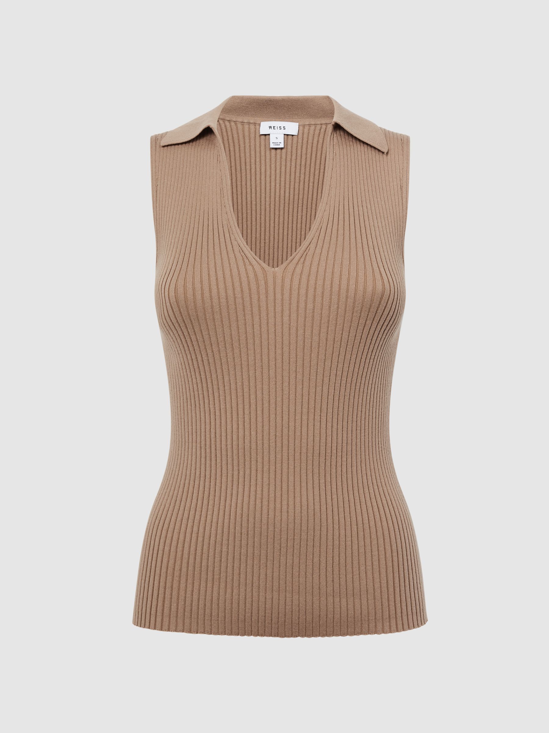 V-Neck Collared Sleeveless Top in Camel - Image 2 of 6