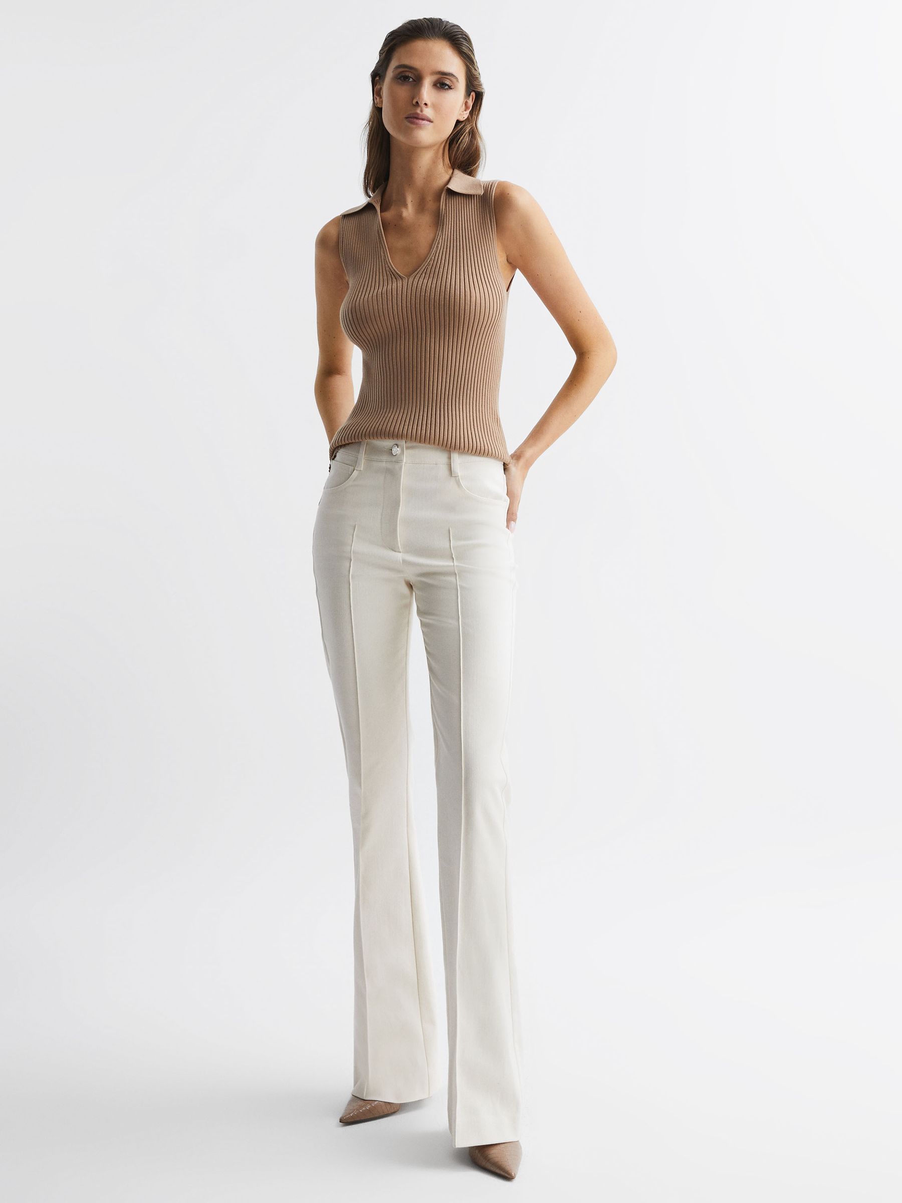 V-Neck Collared Sleeveless Top in Camel - Image 3 of 6