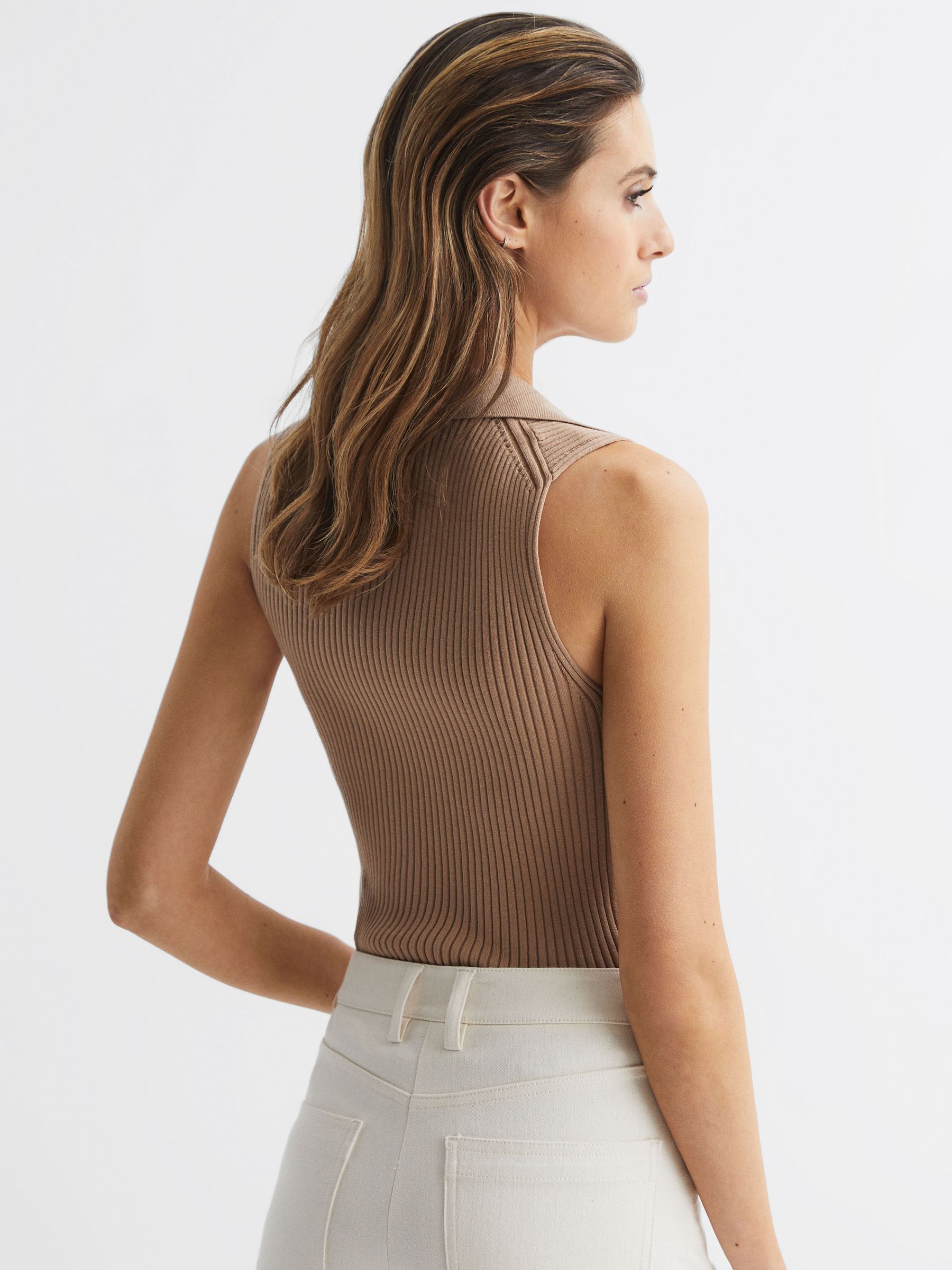 V-Neck Collared Sleeveless Top in Camel - Image 5 of 6