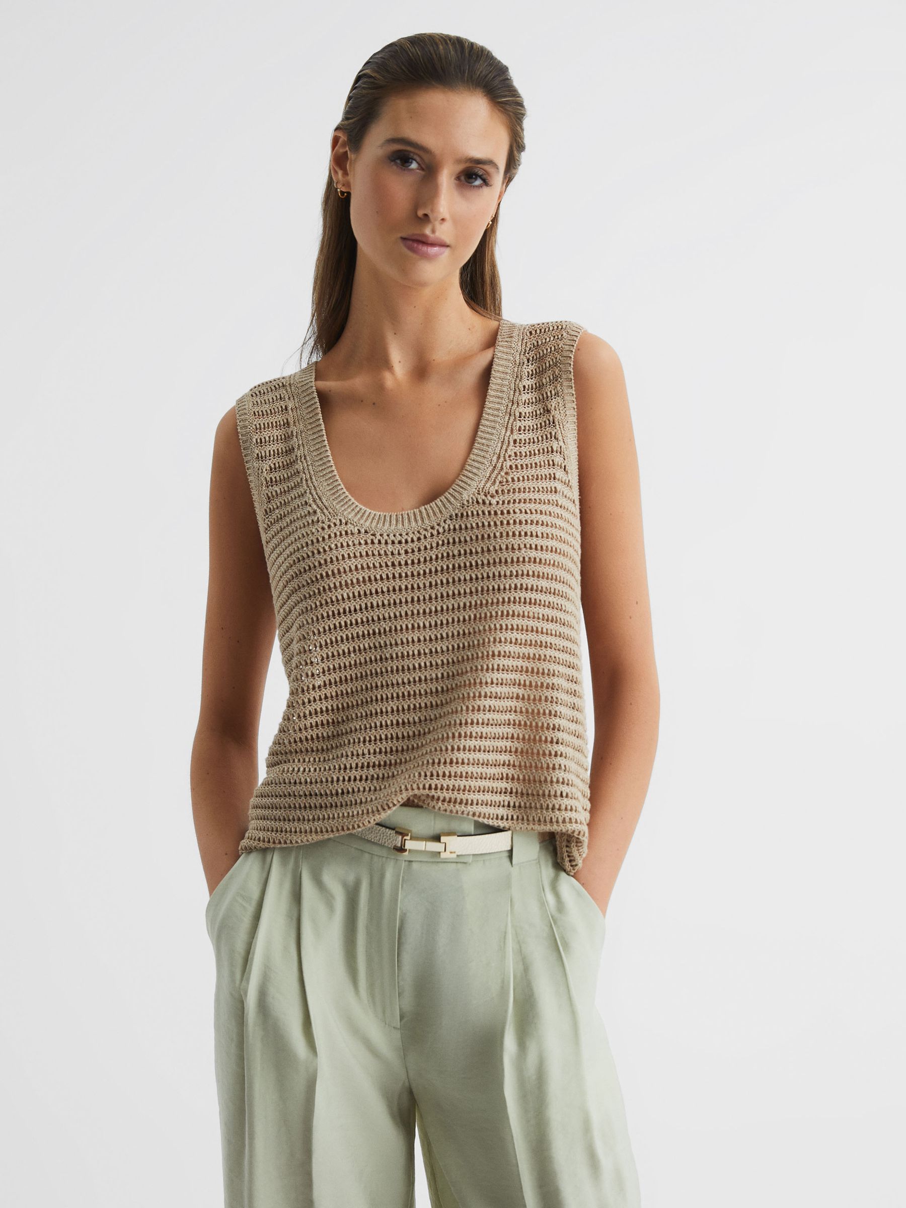Linen Open Stitch Knitted Vest in Neutral - Image 1 of 5