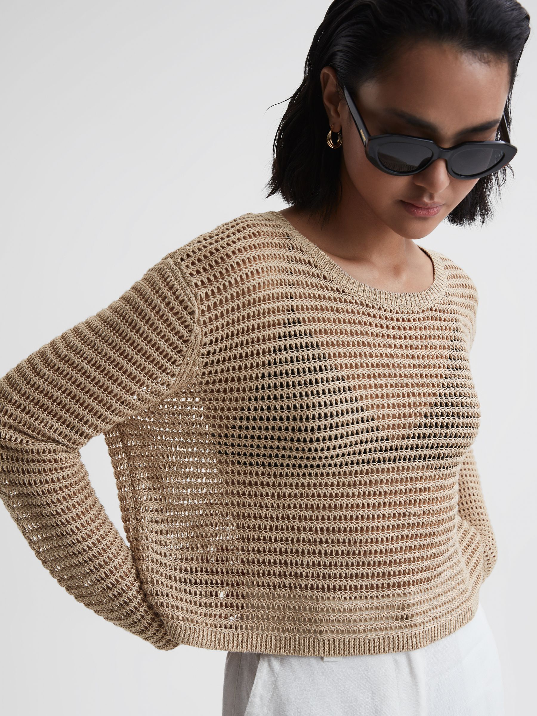 Linen Open Stitch Crew Neck Jumper in Neutral - Image 1 of 4