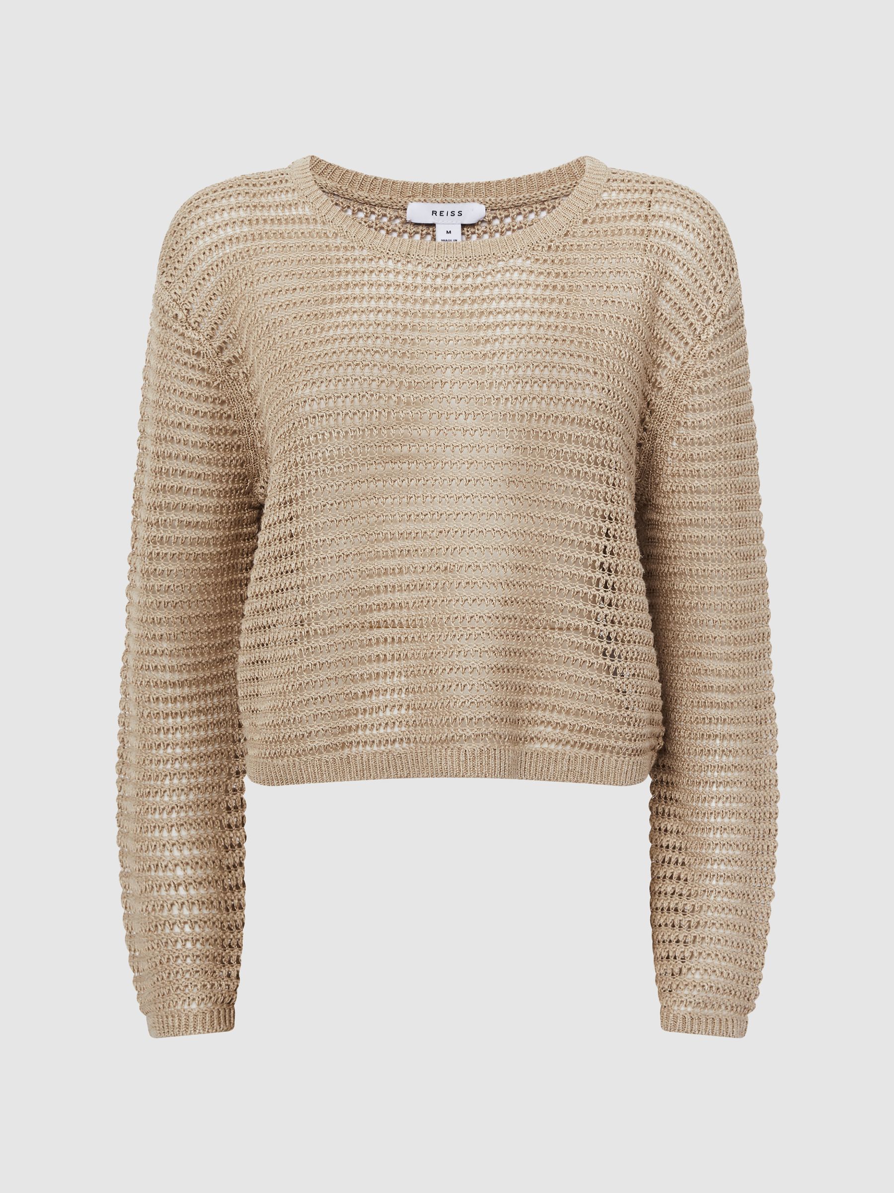 Linen Open Stitch Crew Neck Jumper in Neutral - Image 2 of 4
