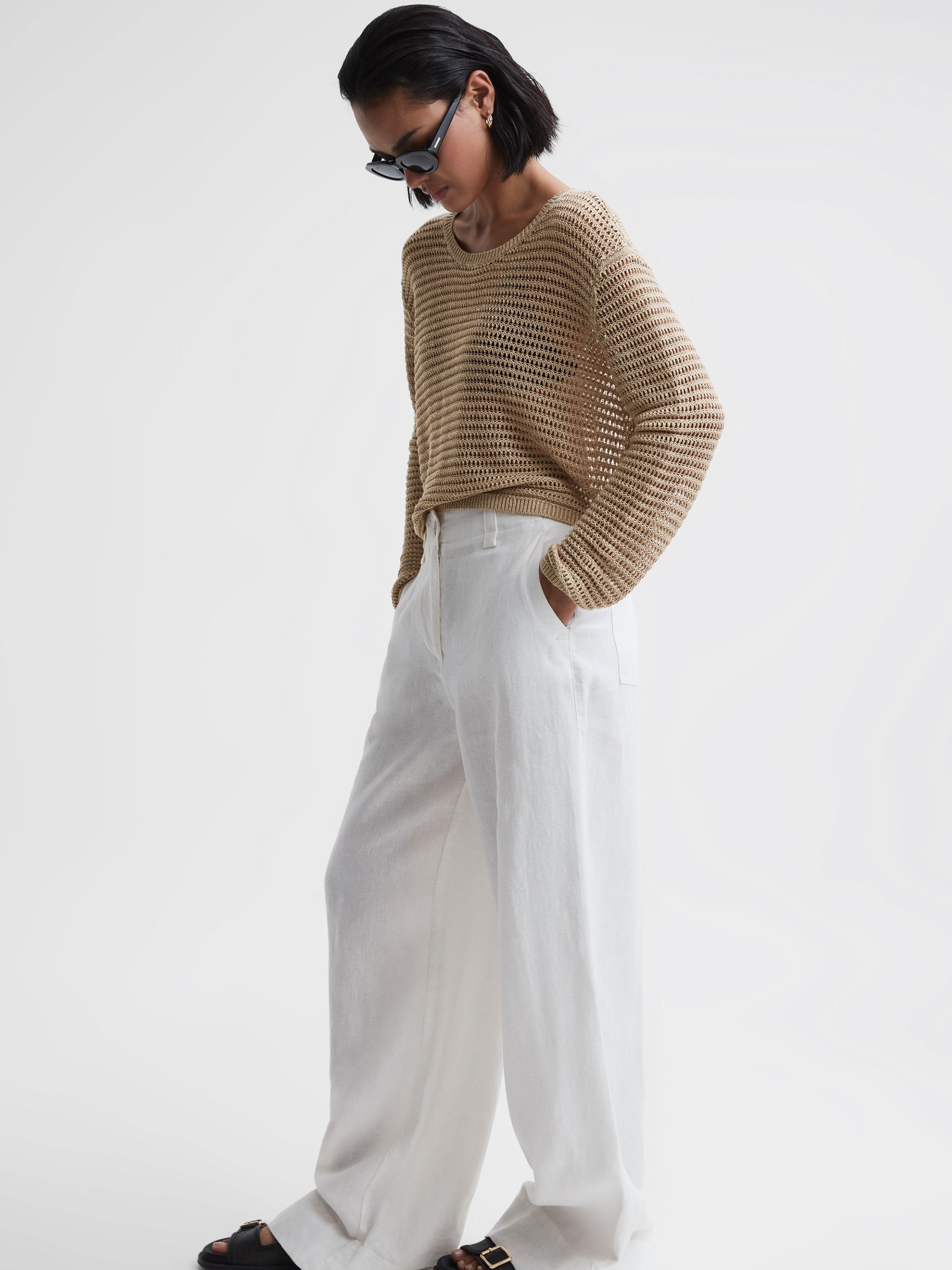 Linen Open Stitch Crew Neck Jumper in Neutral - Image 3 of 4