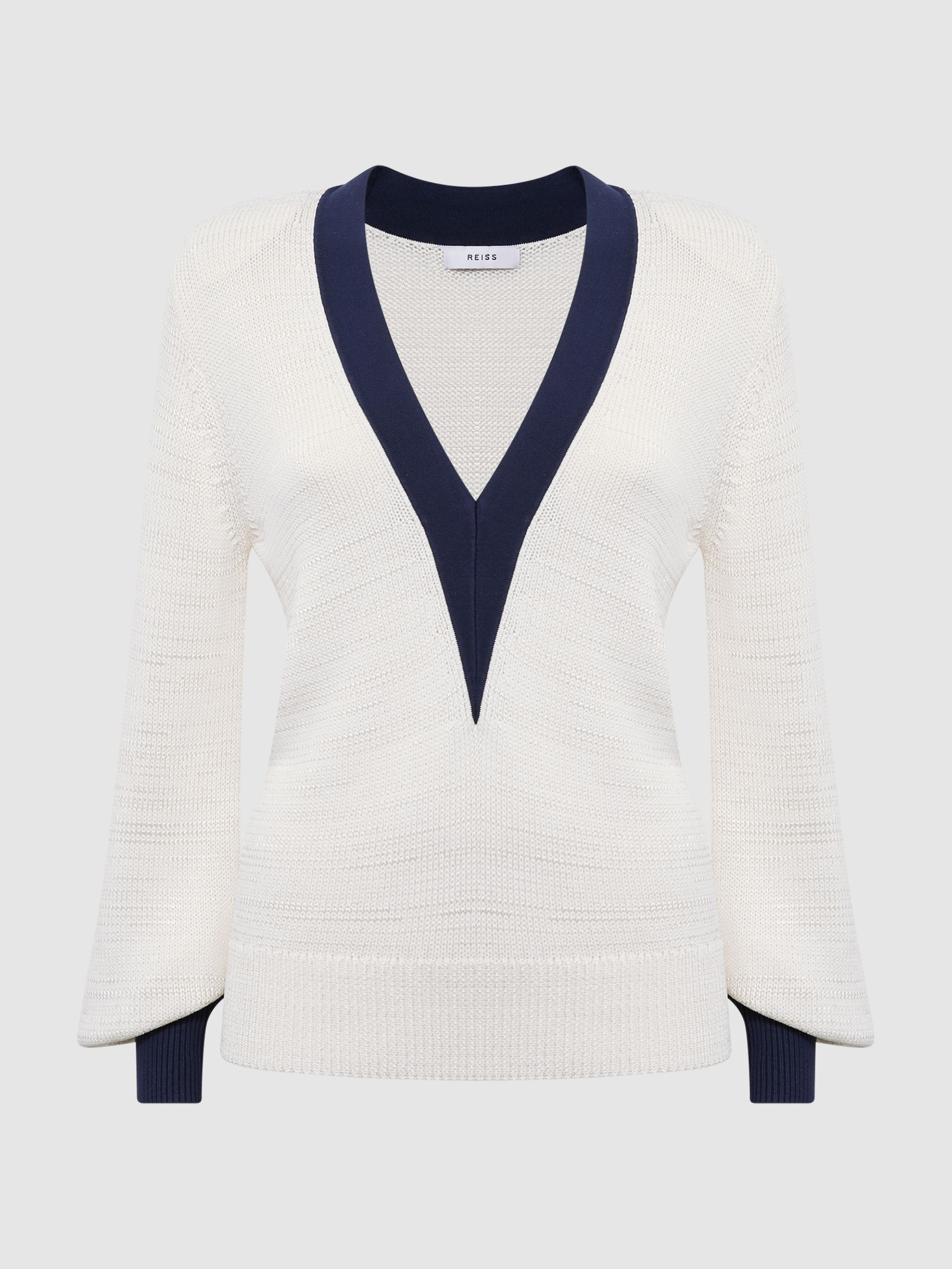Contrast Trim Knitted Jumper in White/Navy - Image 2 of 6