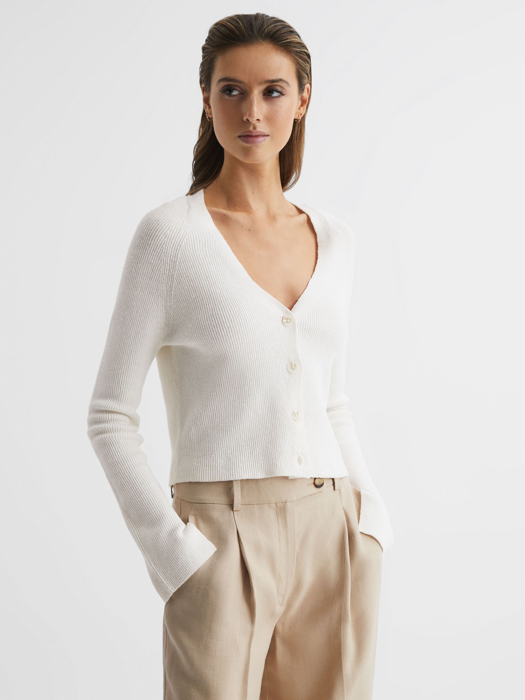 Linen Blend Ribbed Cardigan in Ivory - Image 1 of 6 Linen Blend Ribbed Cardigan in Ivory - Image 1 of 6