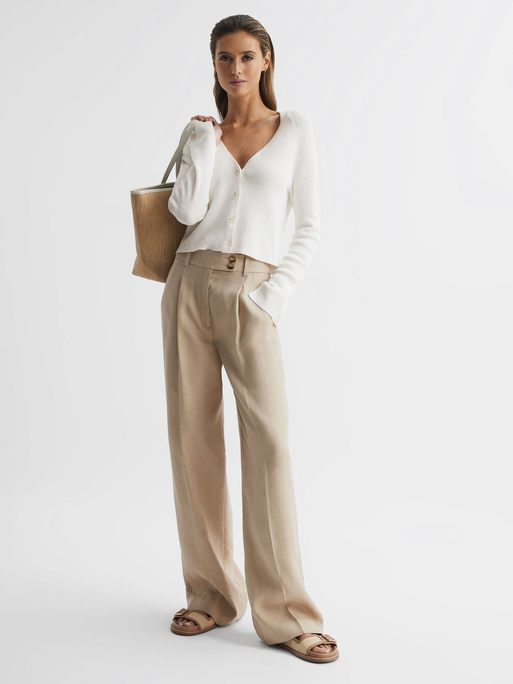 Linen Blend Ribbed Cardigan in Ivory - Image 3 of 6