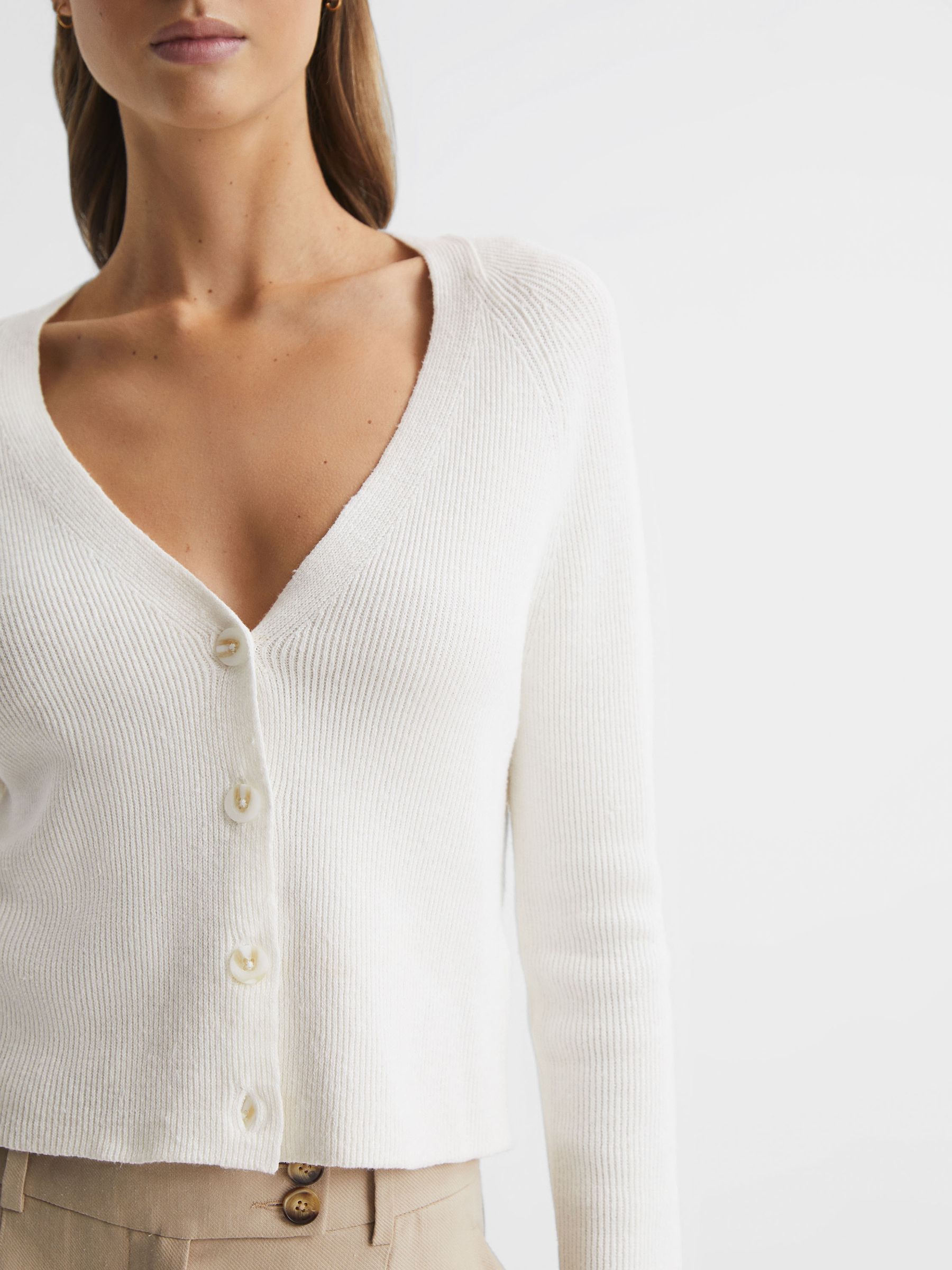 Linen Blend Ribbed Cardigan in Ivory - Image 4 of 6