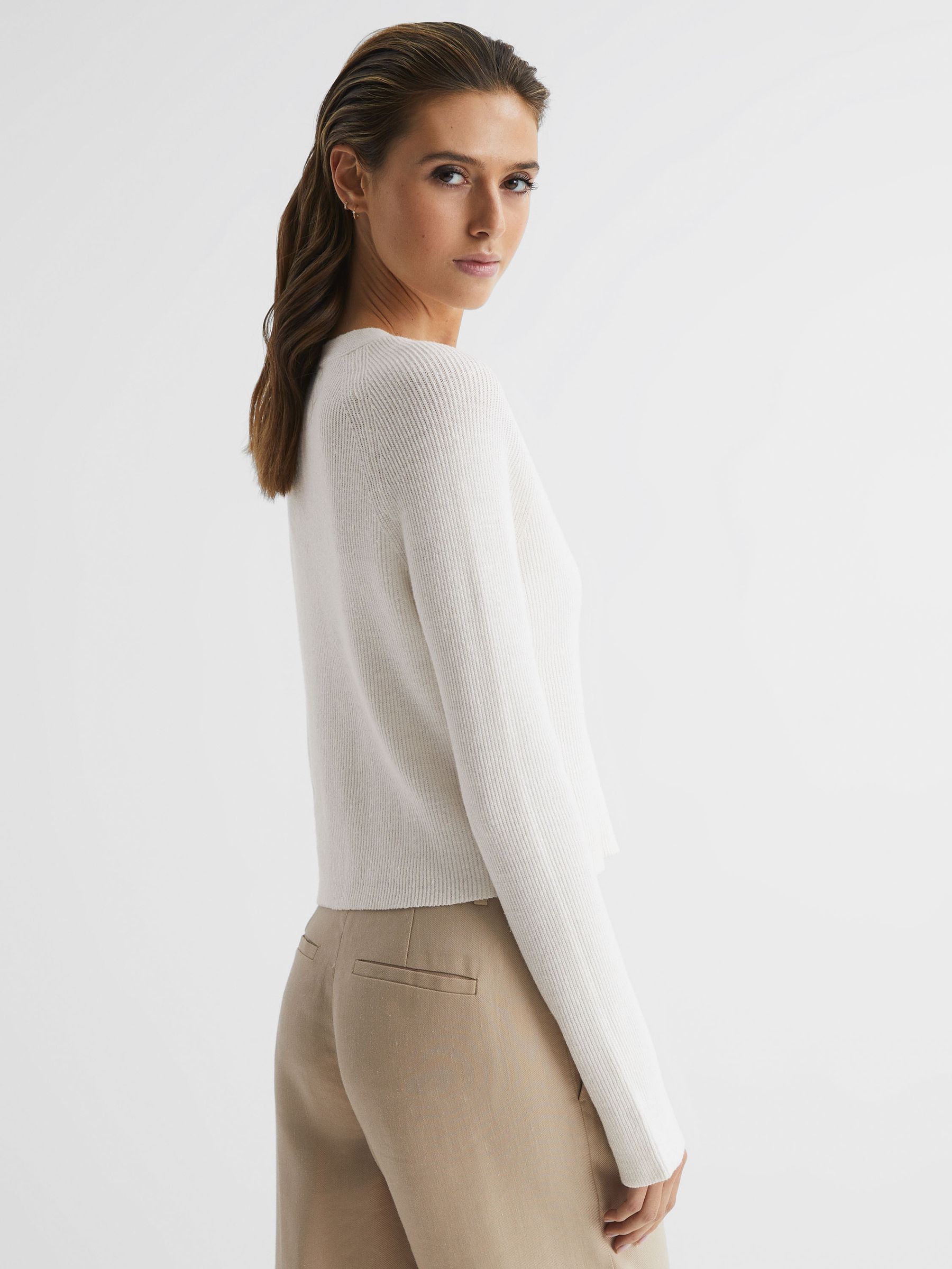 Linen Blend Ribbed Cardigan in Ivory - Image 5 of 6