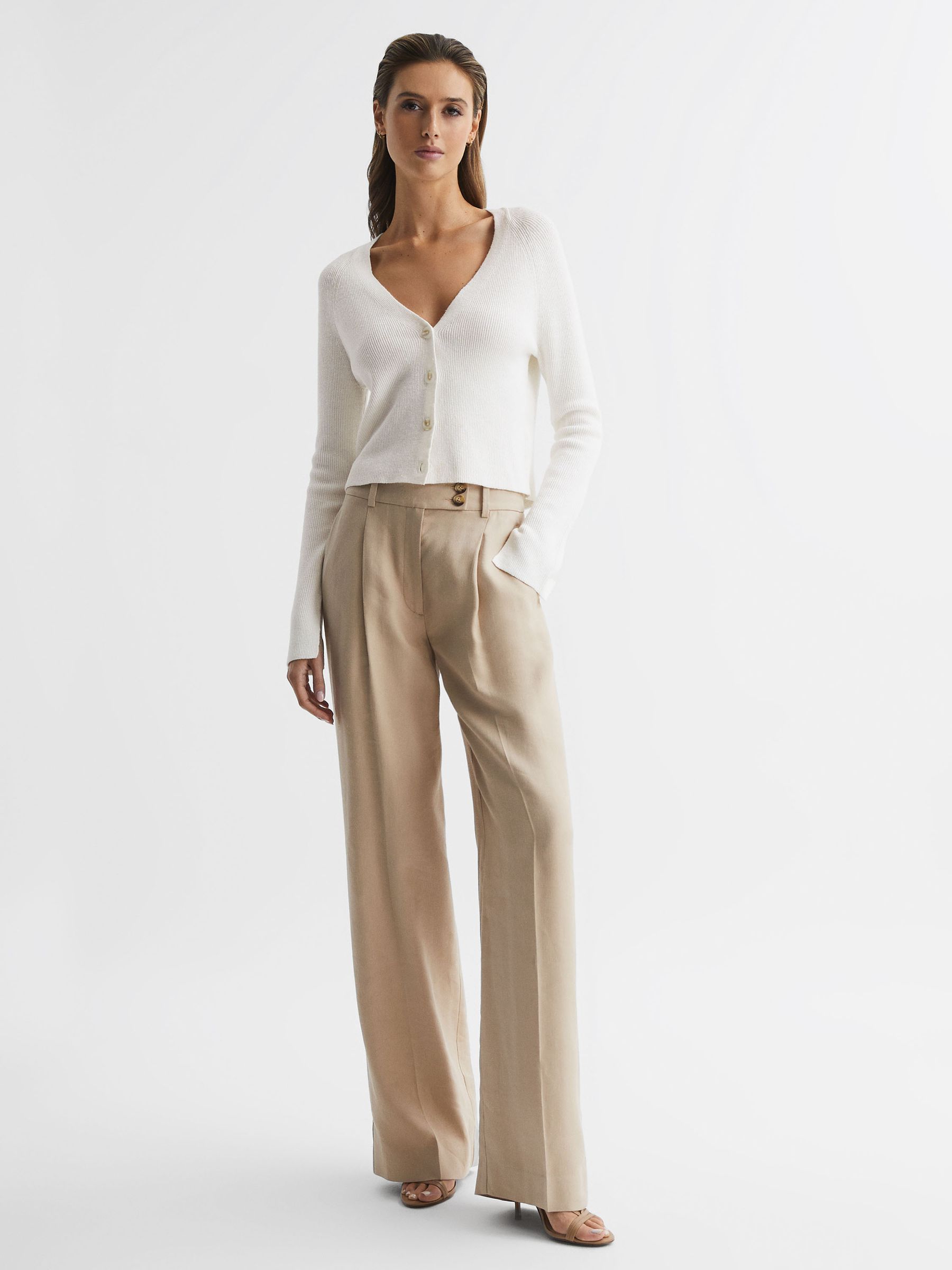 Linen Blend Ribbed Cardigan in Ivory - Image 6 of 6