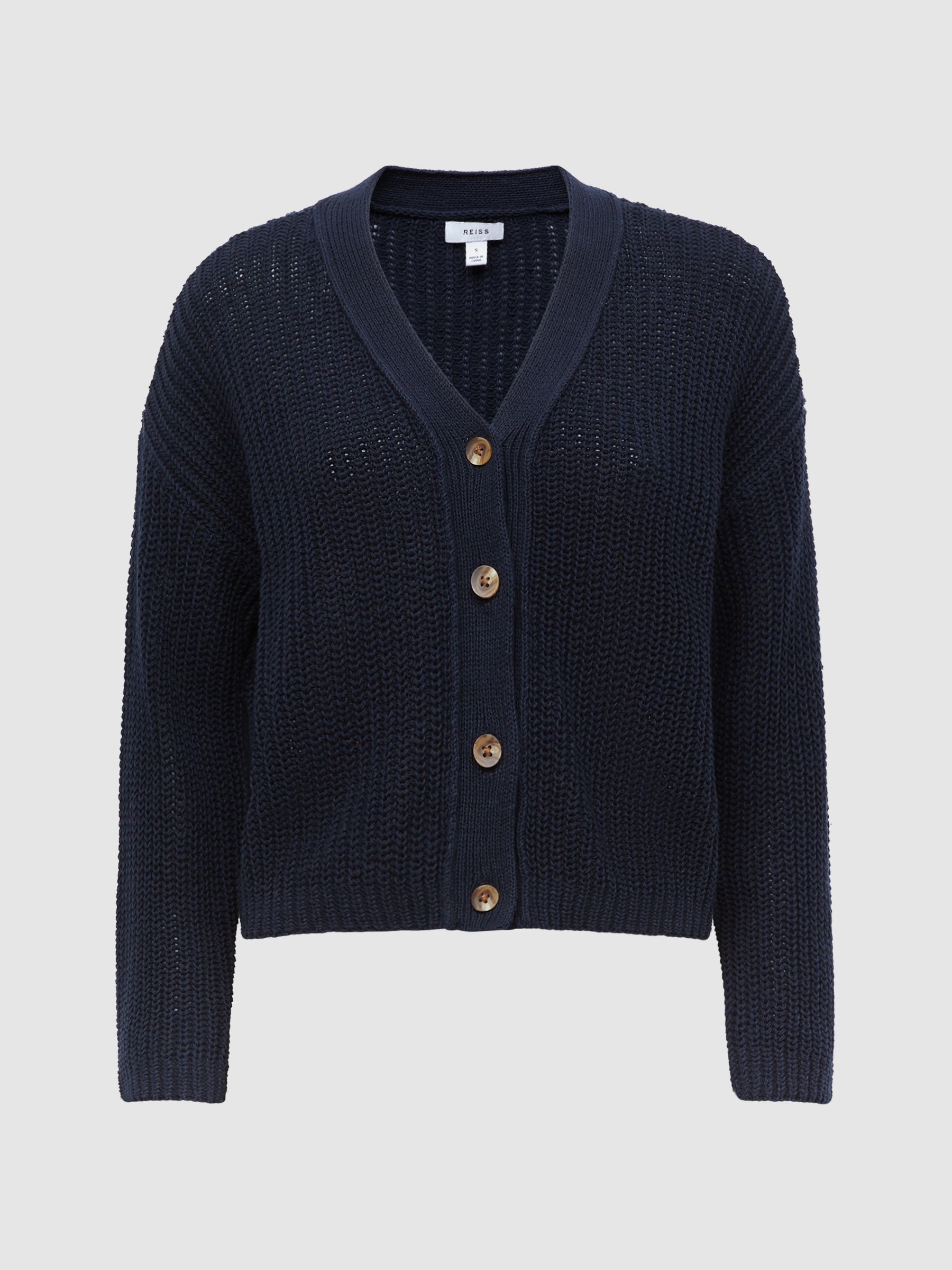 Cotton-Linen Blend Knit Cardigan in Navy - Image 2 of 6