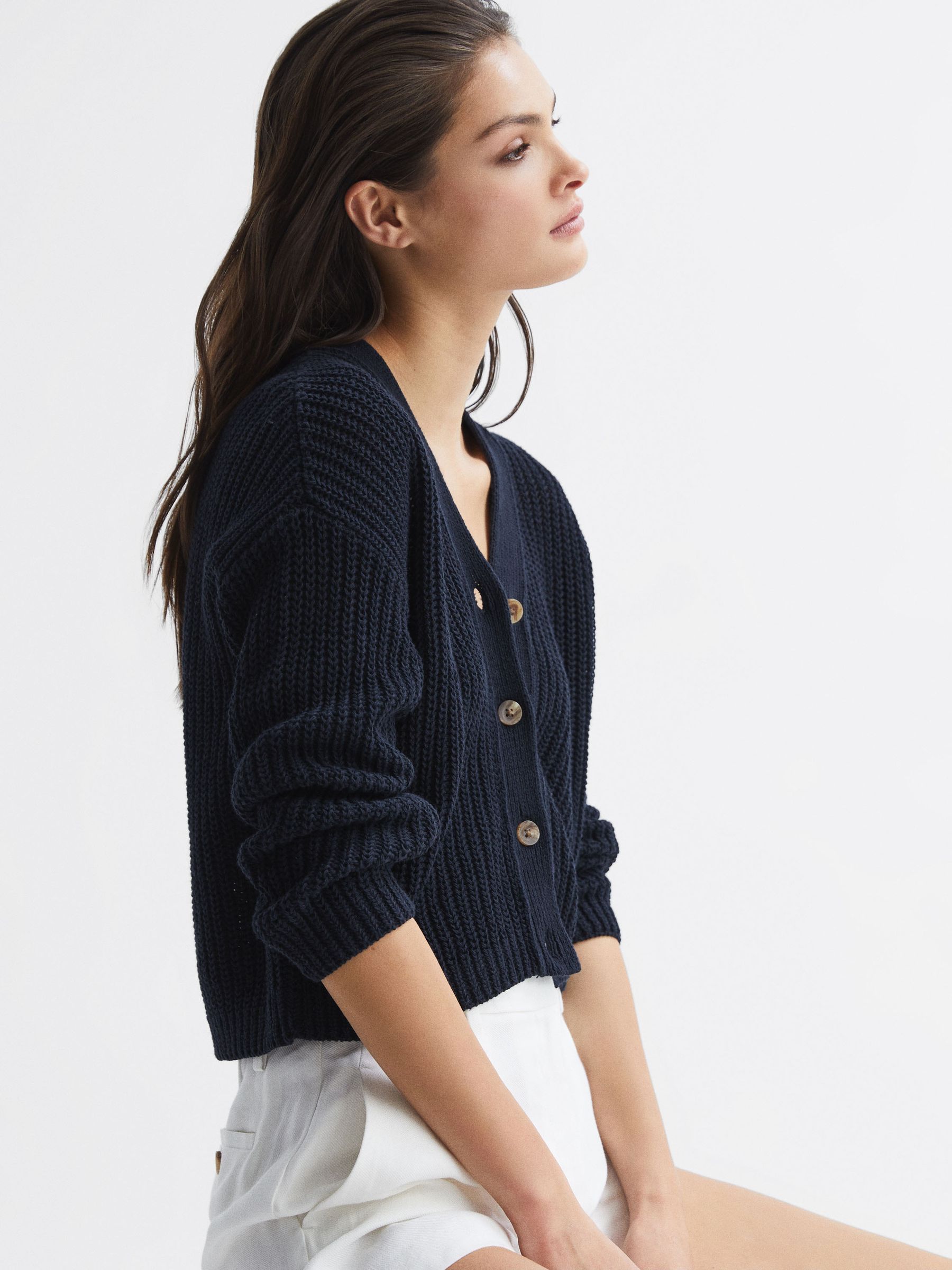 Cotton-Linen Blend Knit Cardigan in Navy - Image 4 of 6