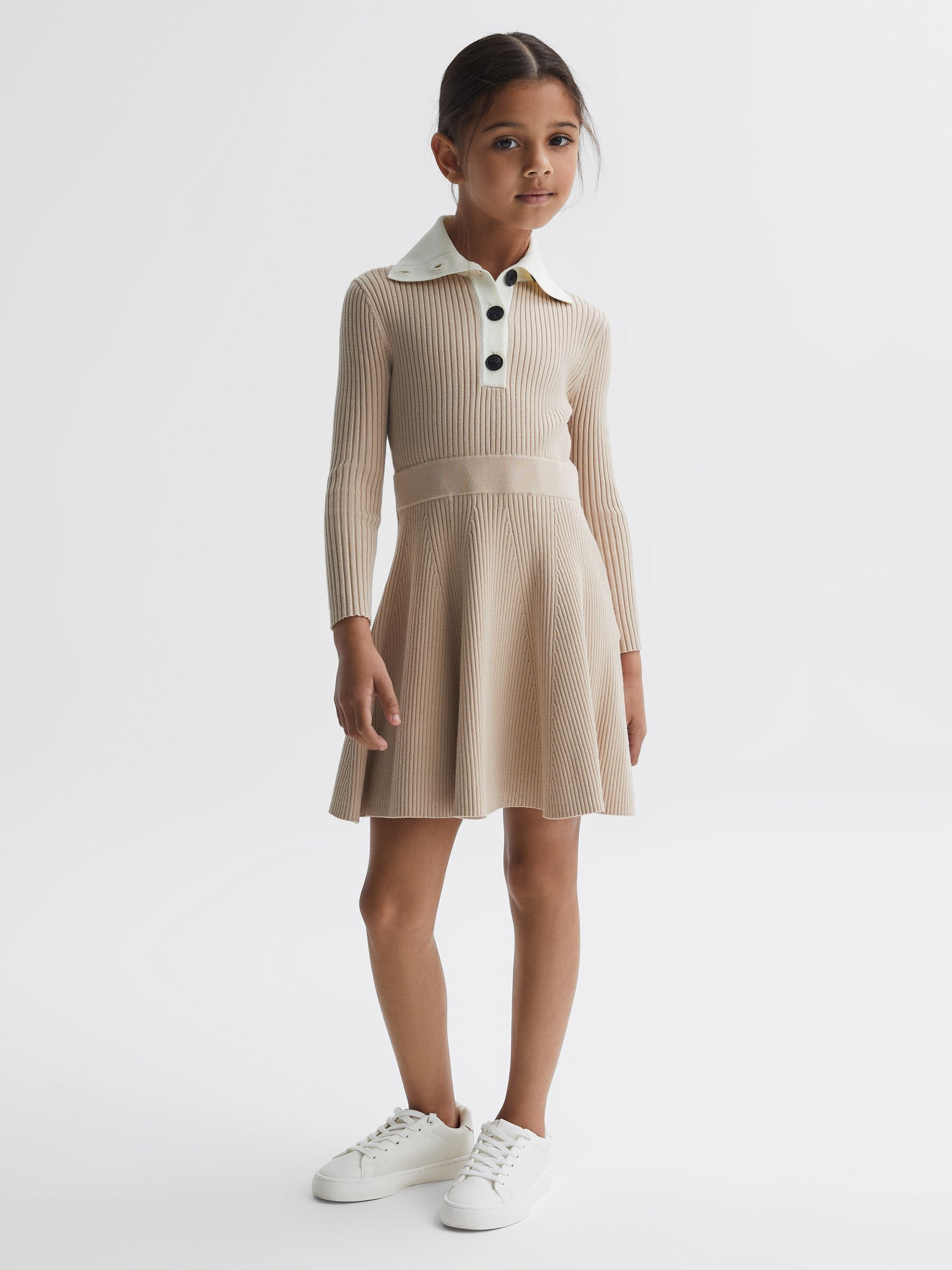 Reiss 9-12 yrs Colourblock Knitted Dress in Camel | REISS