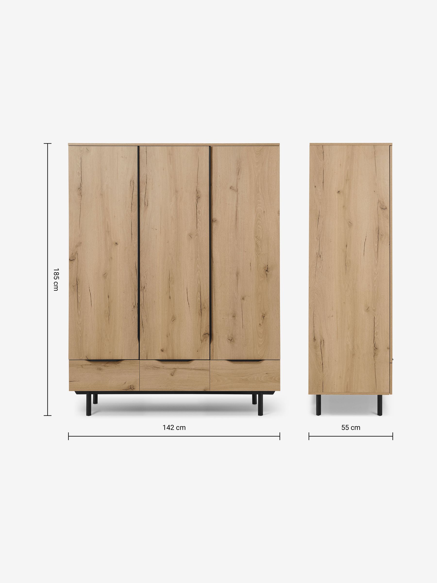 Damien Triple, 3 drawers Wardrobe in Oak - Image 2 of 2