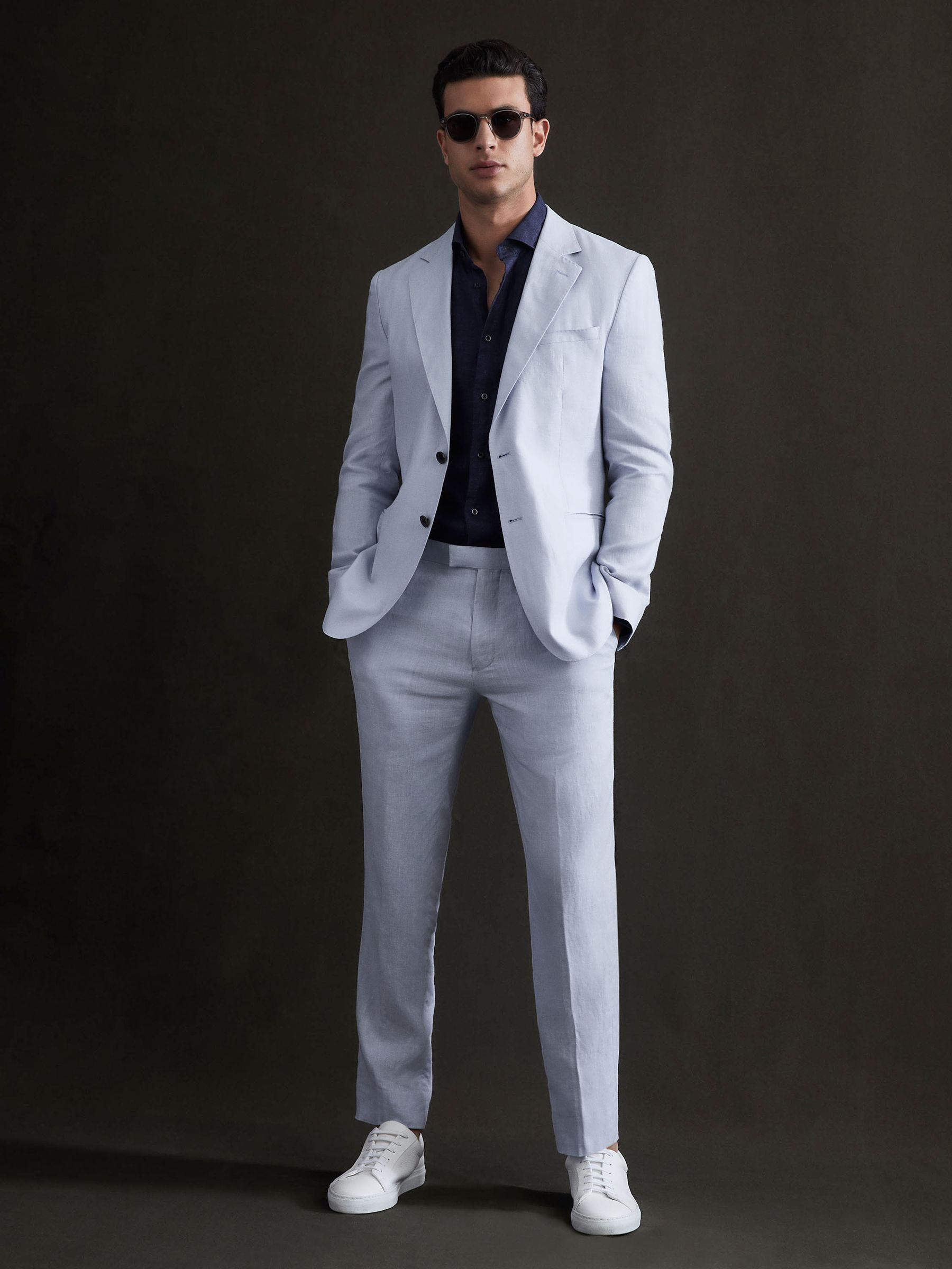 Slim Fit Linen Trousers in Soft Blue - Image 2 of 5