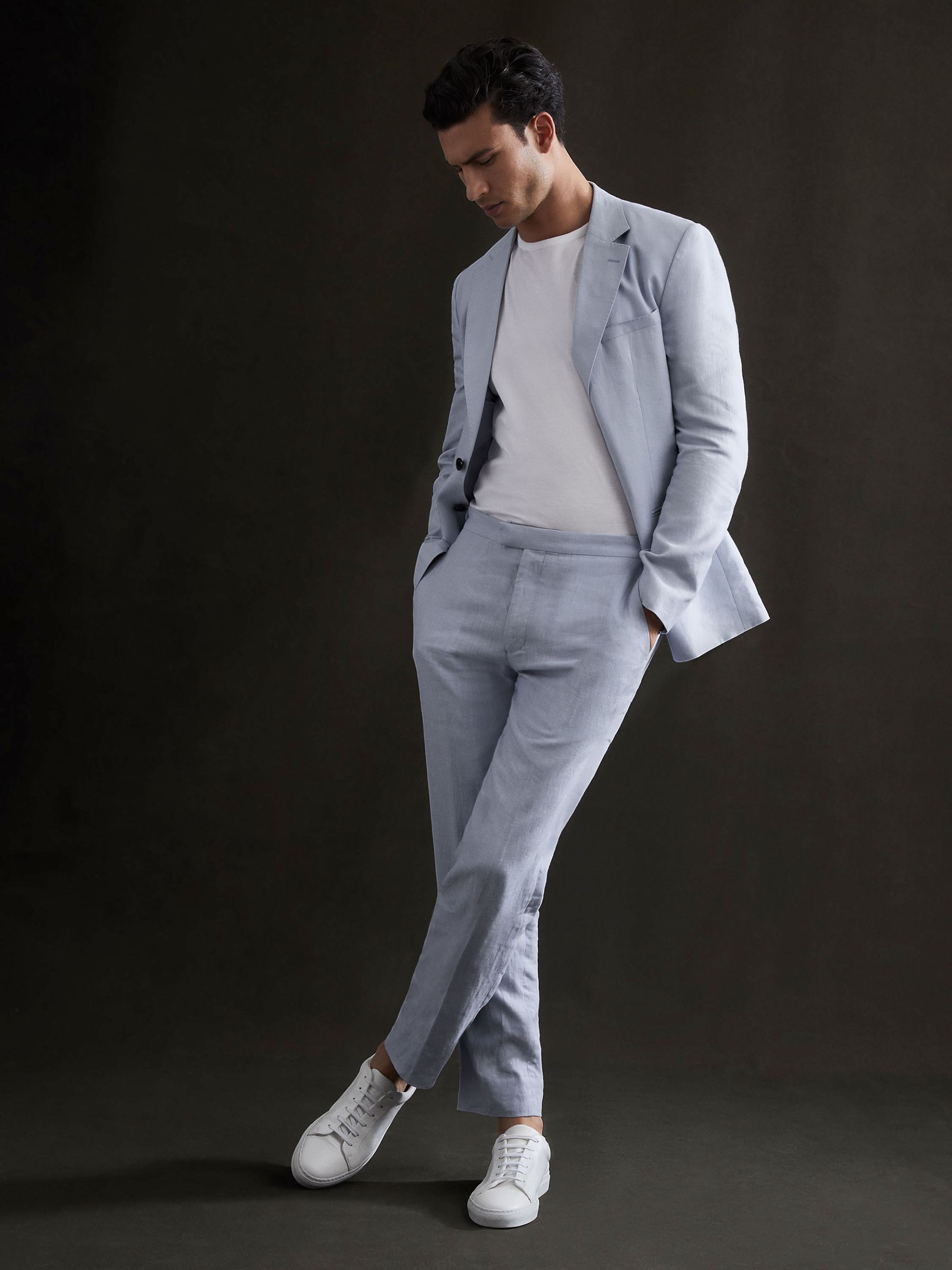 Slim Fit Linen Trousers in Soft Blue - Image 4 of 5