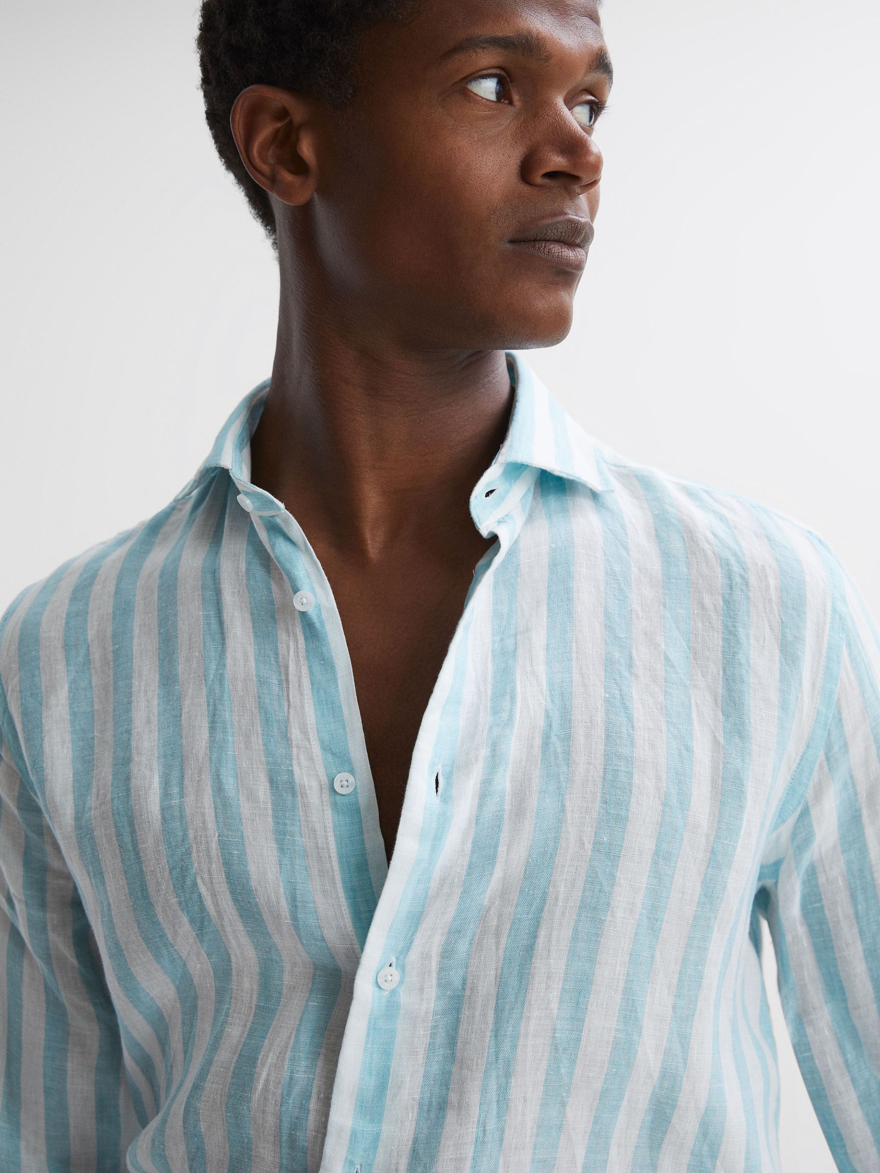 Linen Button-Through Shirt in Aquamarine Stripe - Image 1 of 5