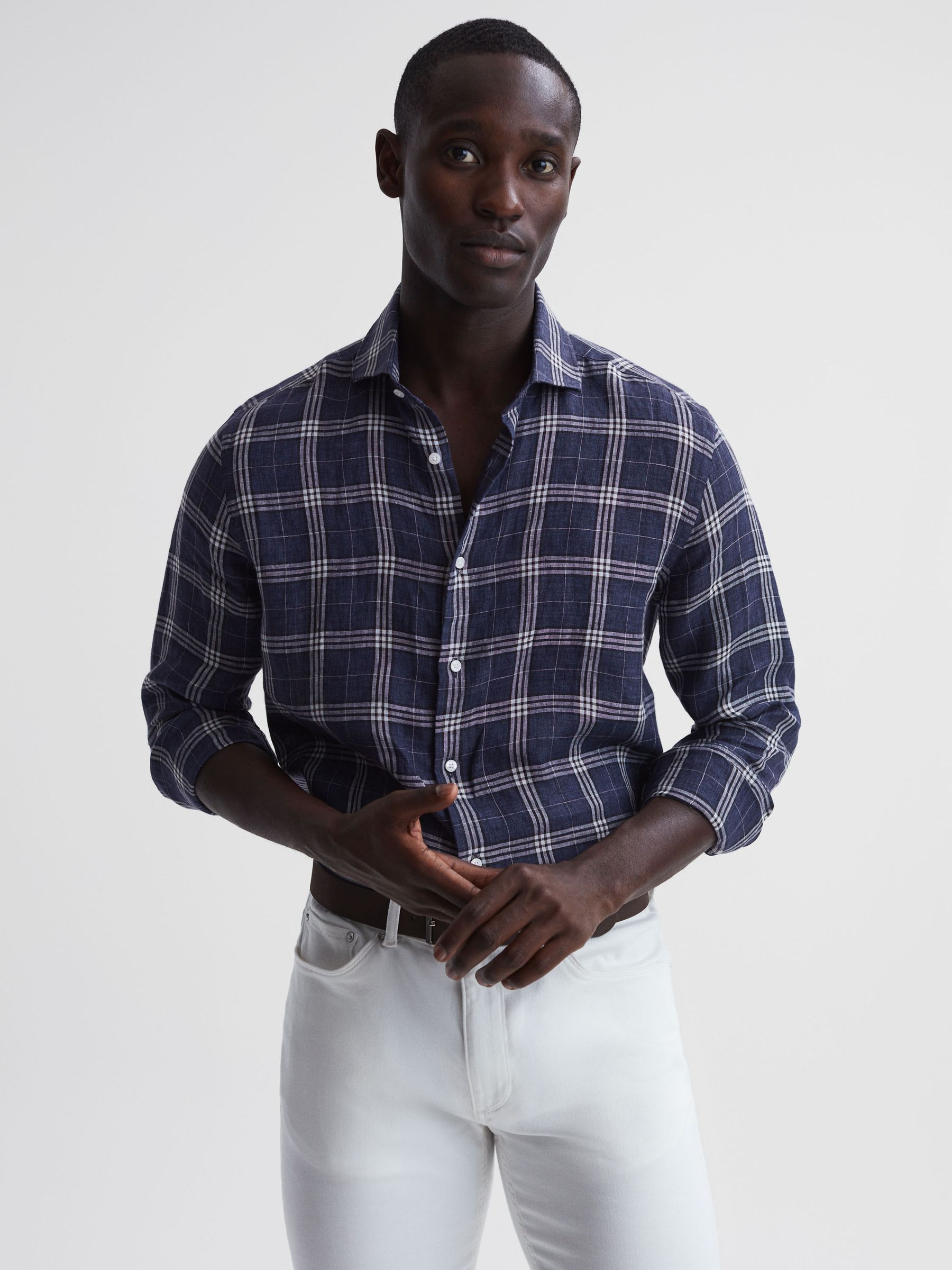 Linen Long Sleeve Shirt in Blue Check - Image 1 of 14