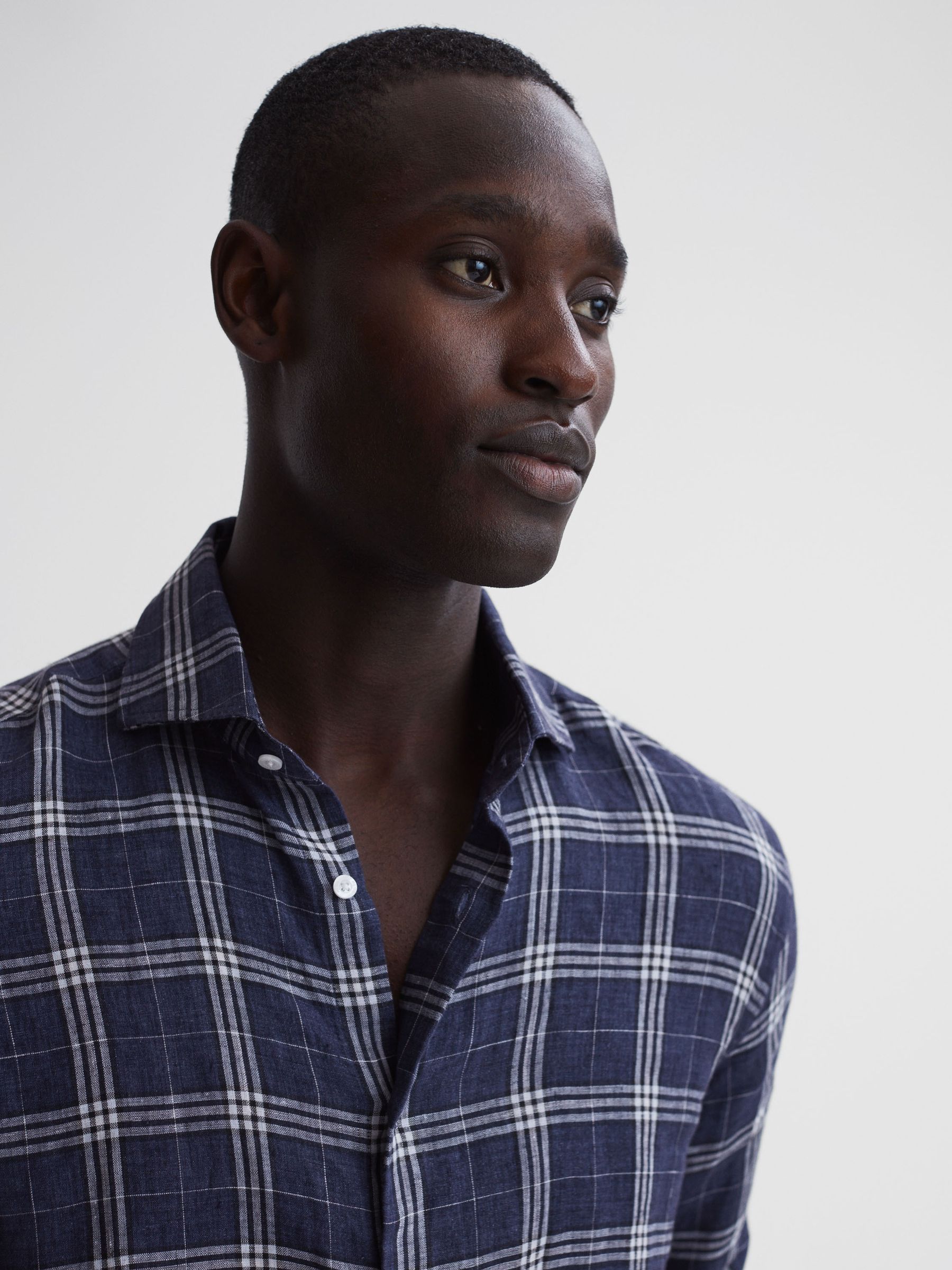 Linen Long Sleeve Shirt in Blue Check - Image 11 of 14