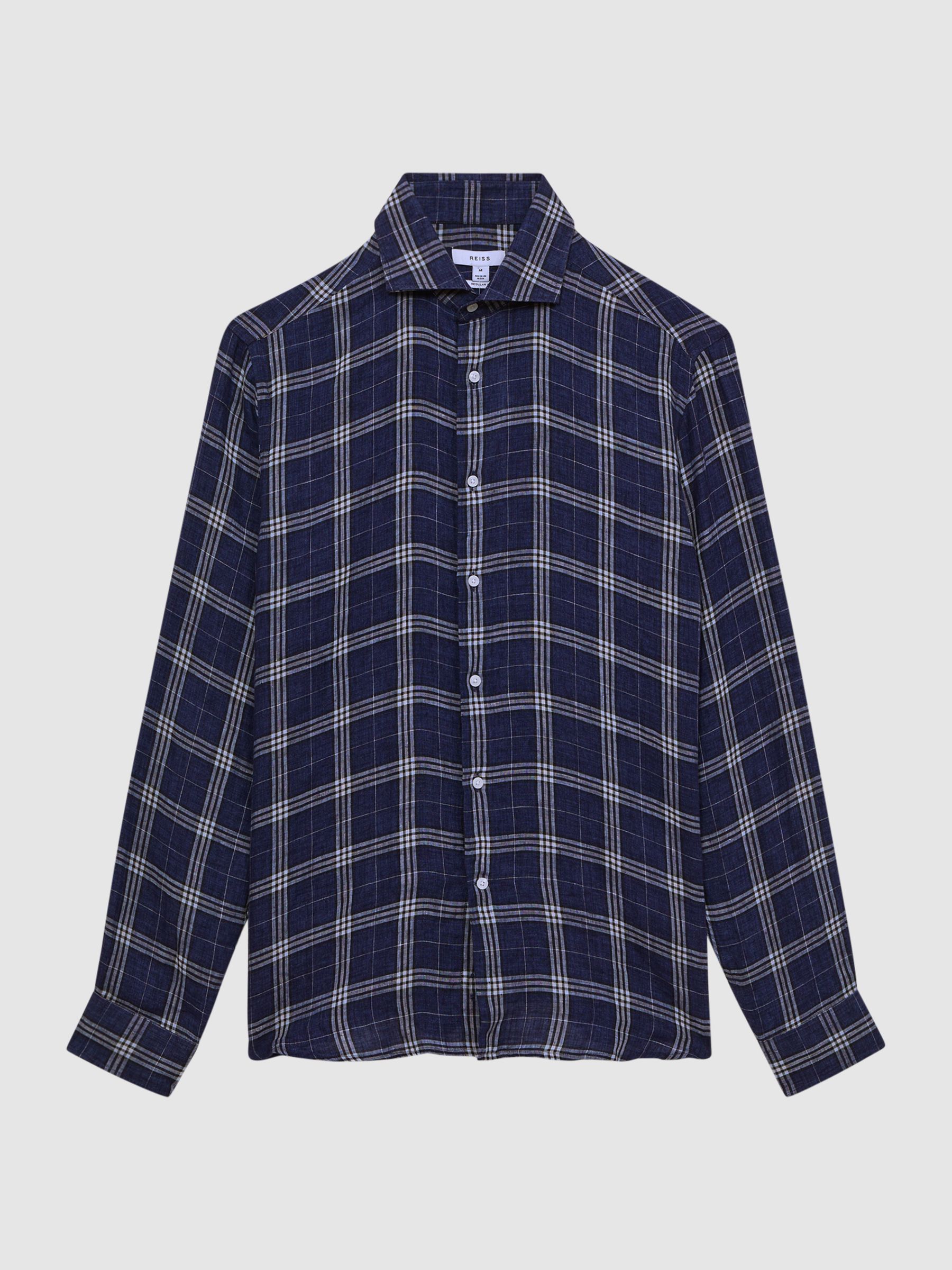 Linen Long Sleeve Shirt in Blue Check - Image 14 of 14
