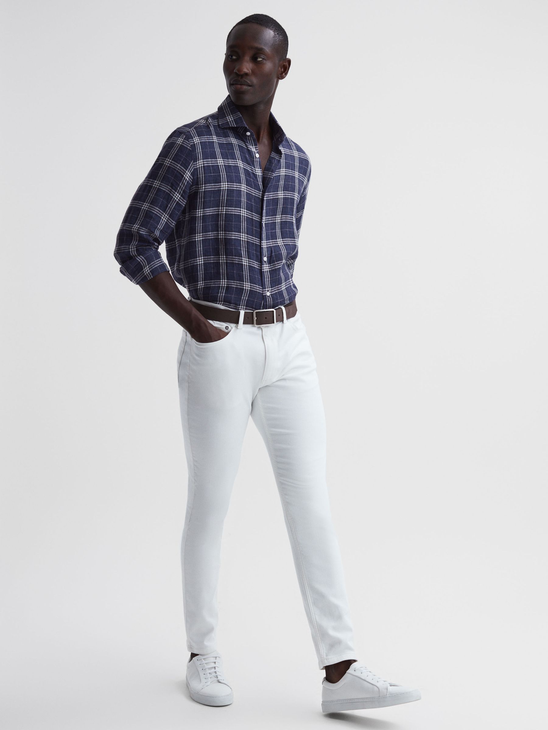 Linen Long Sleeve Shirt in Blue Check - Image 3 of 14