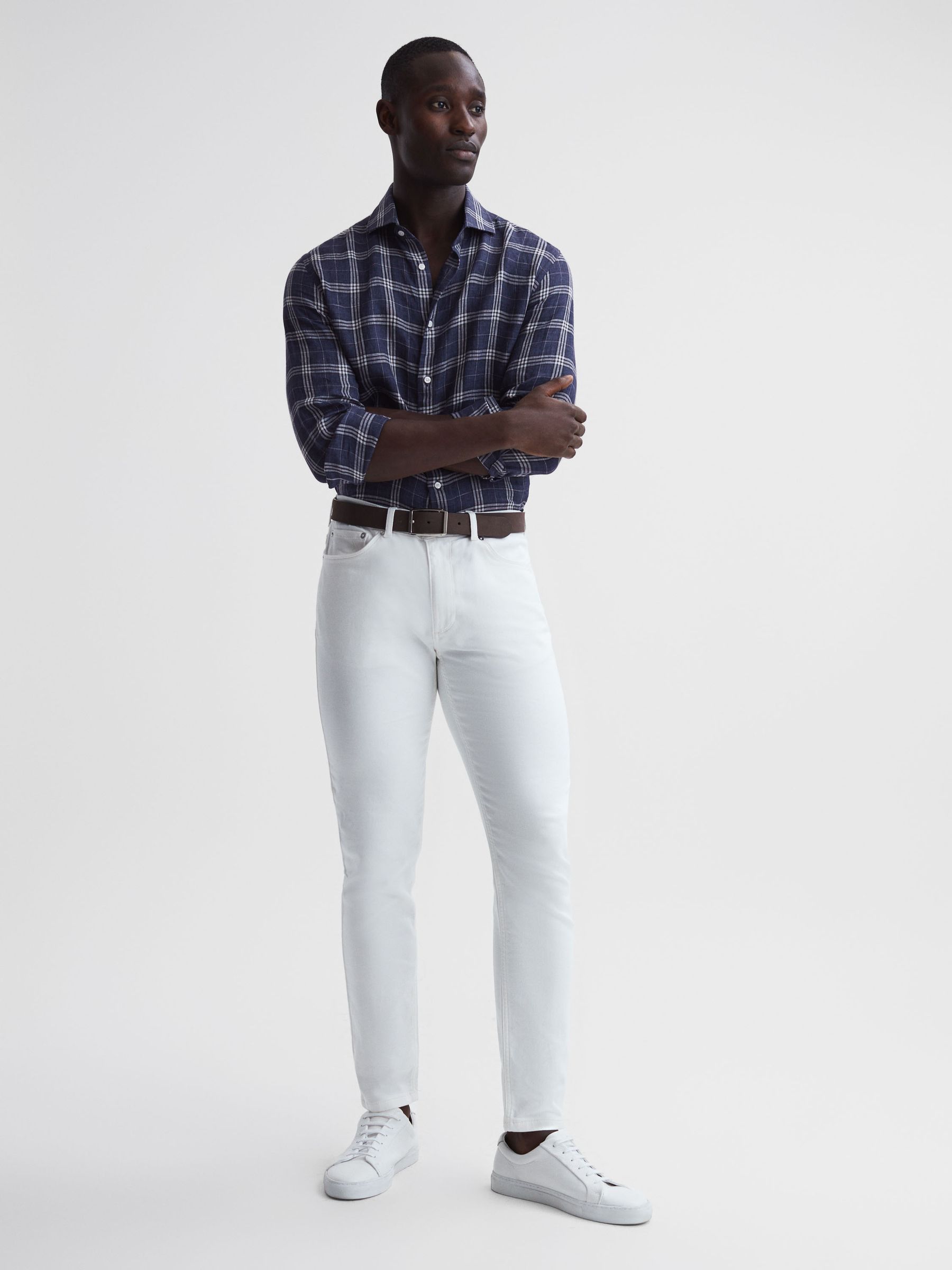 Linen Long Sleeve Shirt in Blue Check - Image 7 of 14