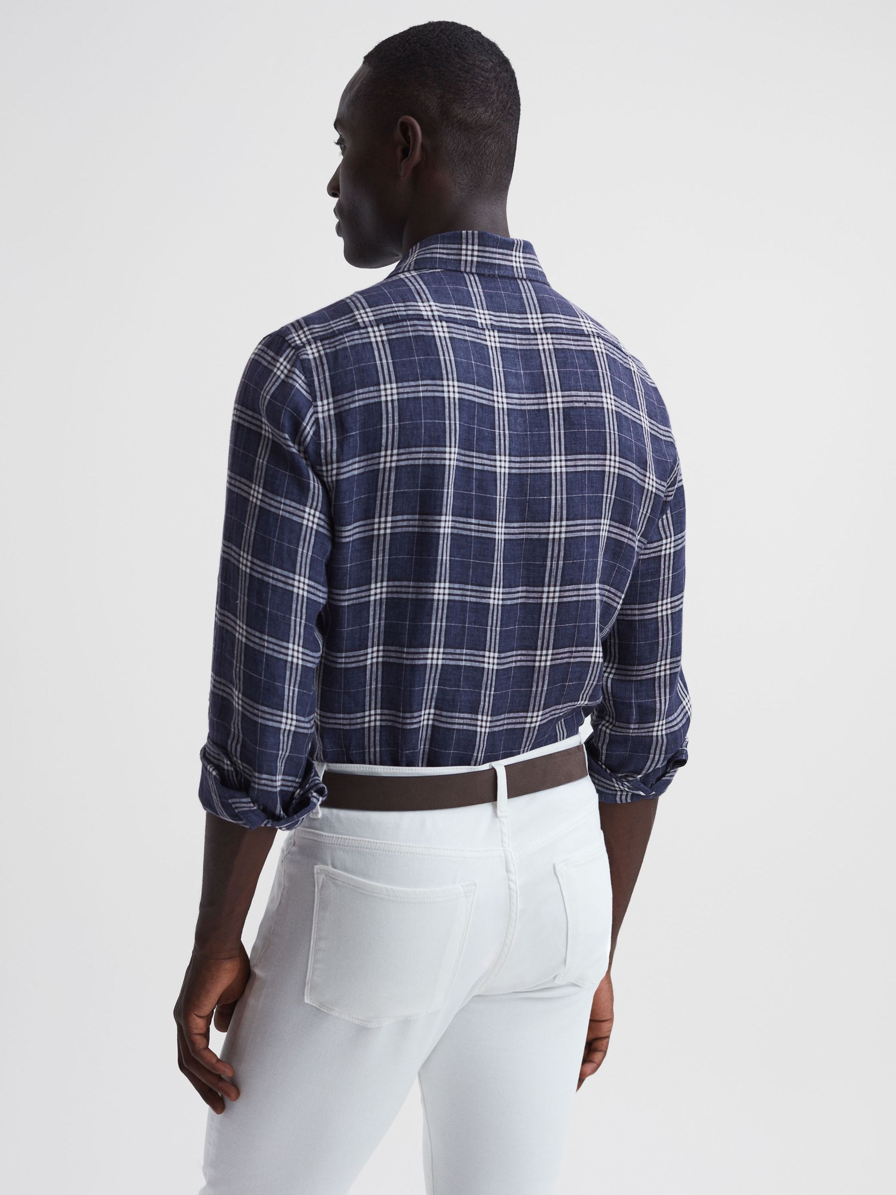 Linen Long Sleeve Shirt in Blue Check - Image 8 of 14