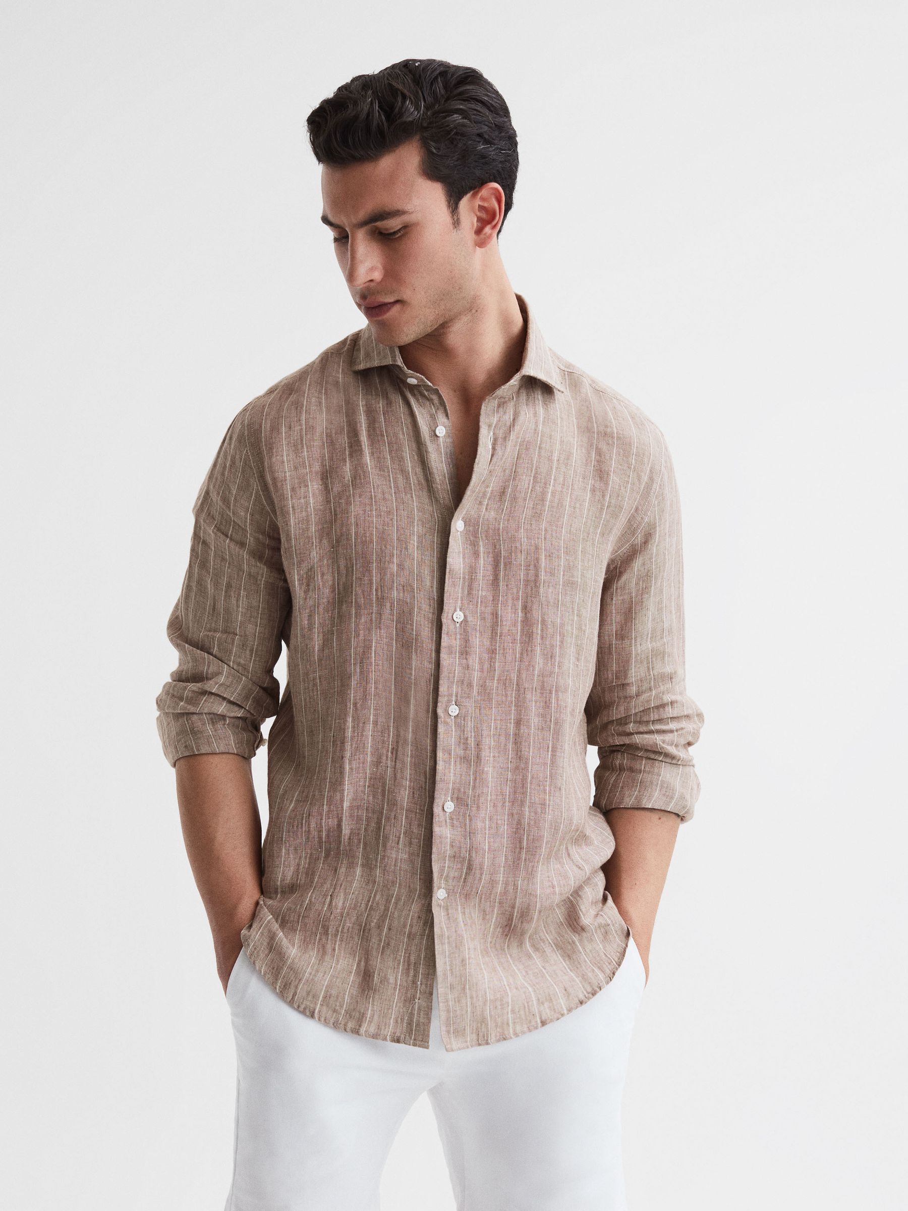 Linen Long Sleeve Shirt in Oatmeal Wide Stripe - Image 1 of 6