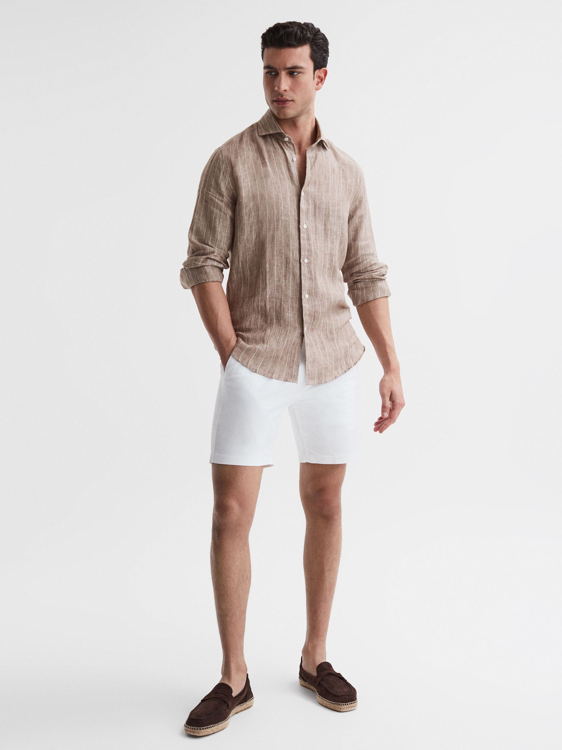 Linen Long Sleeve Shirt in Oatmeal Wide Stripe - Image 3 of 6