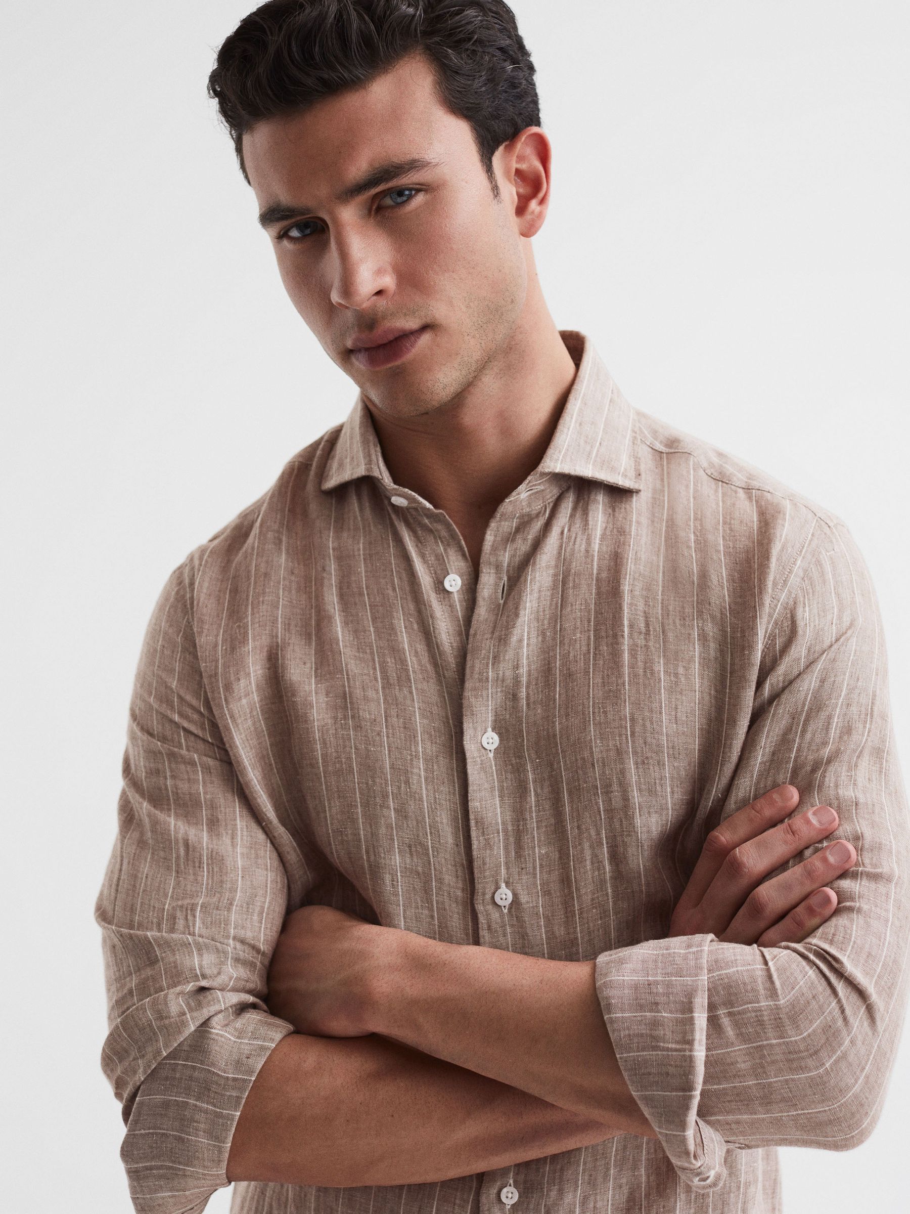 Linen Long Sleeve Shirt in Oatmeal Wide Stripe - Image 4 of 6