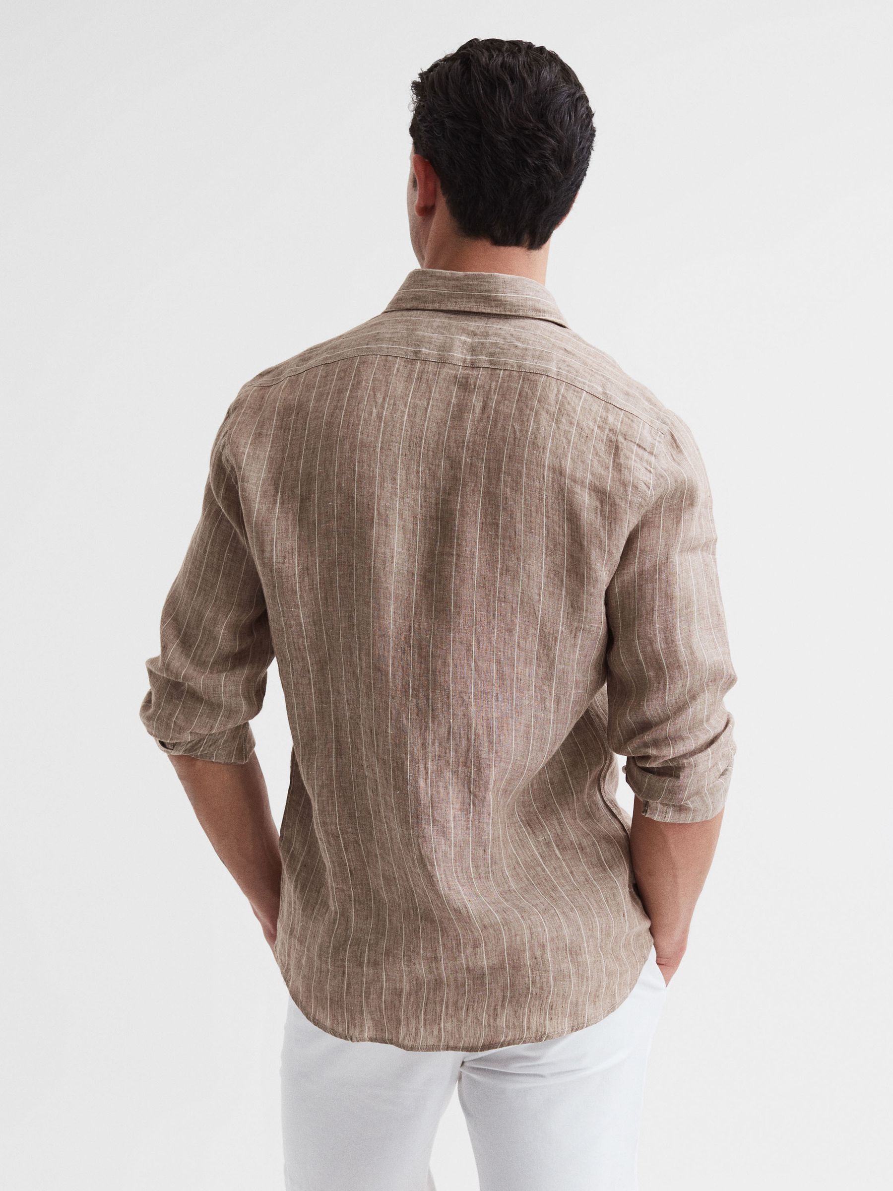 Linen Long Sleeve Shirt in Oatmeal Wide Stripe - Image 5 of 6