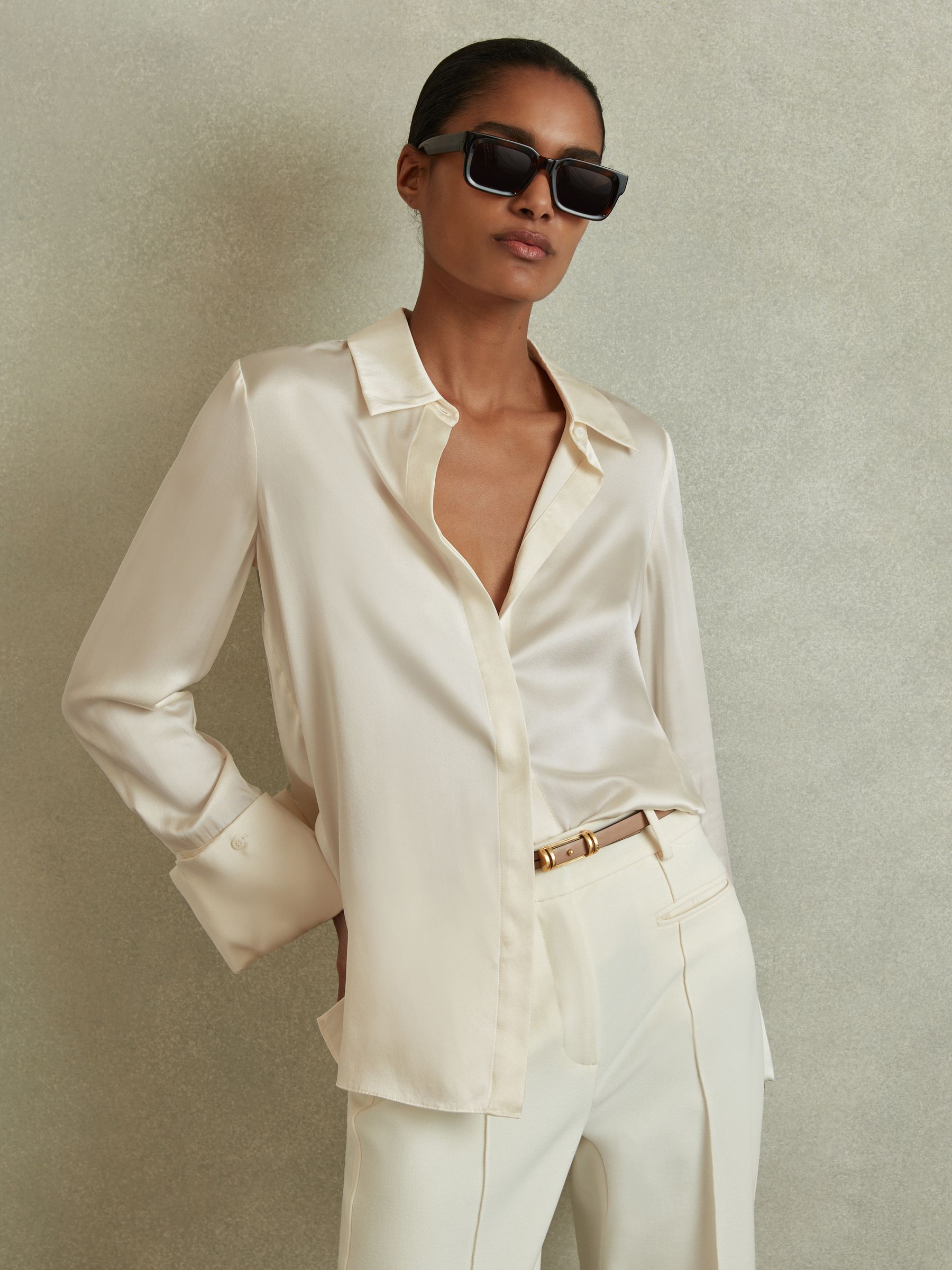 Silk Double-Cuff Button-Through Shirt in Ivory - Image 4 of 8