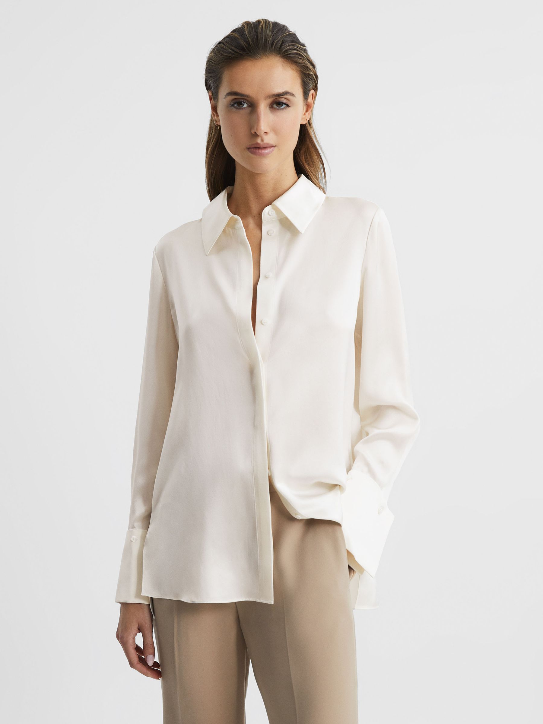 Silk Double-Cuff Button-Through Shirt in Ivory - Image 6 of 8