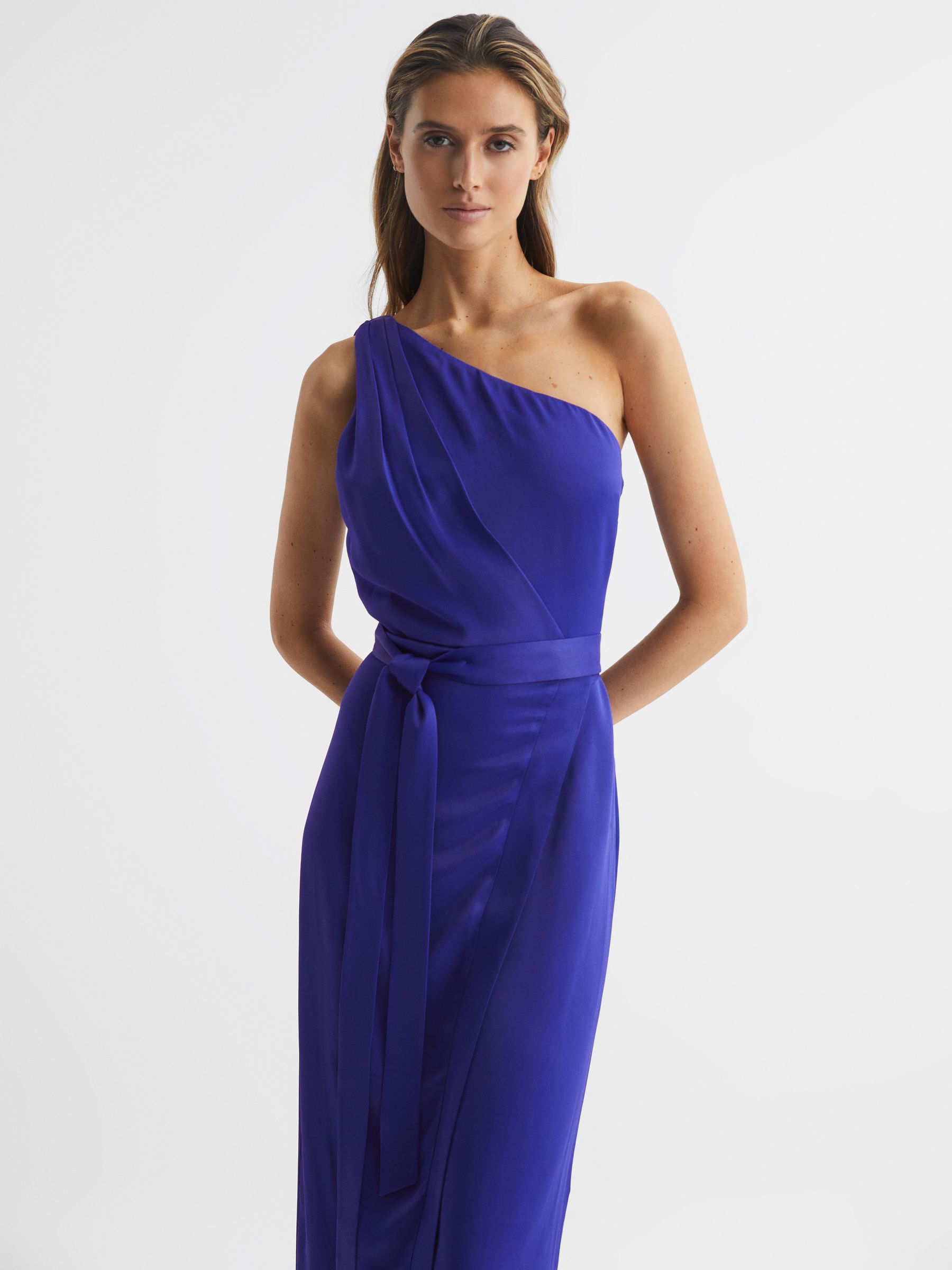 Off-The-Shoulder Satin Midi Dress in Purple - Image 3 of 6