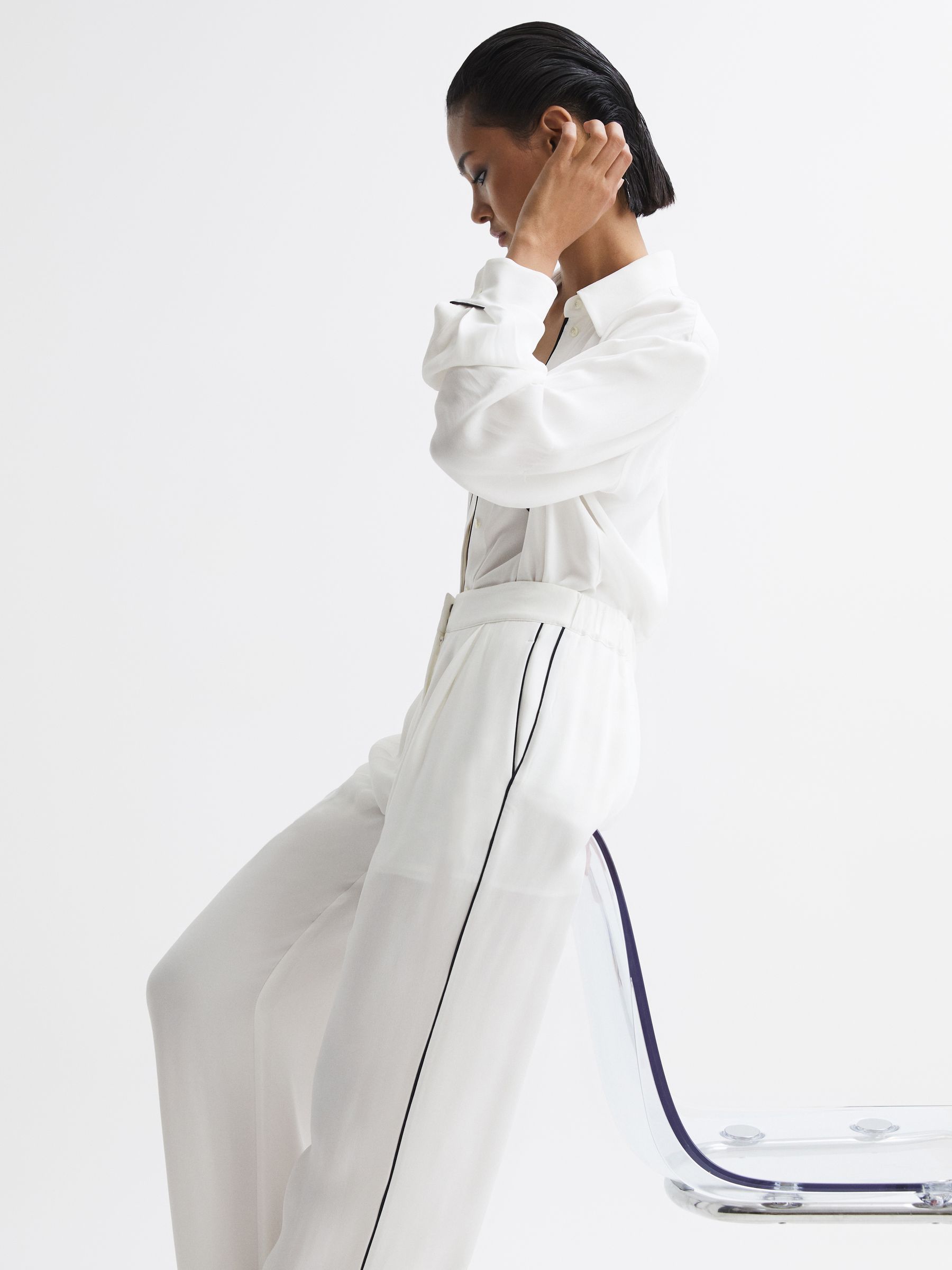Mid Rise Wide Leg Trousers in Ivory - Image 1 of 7