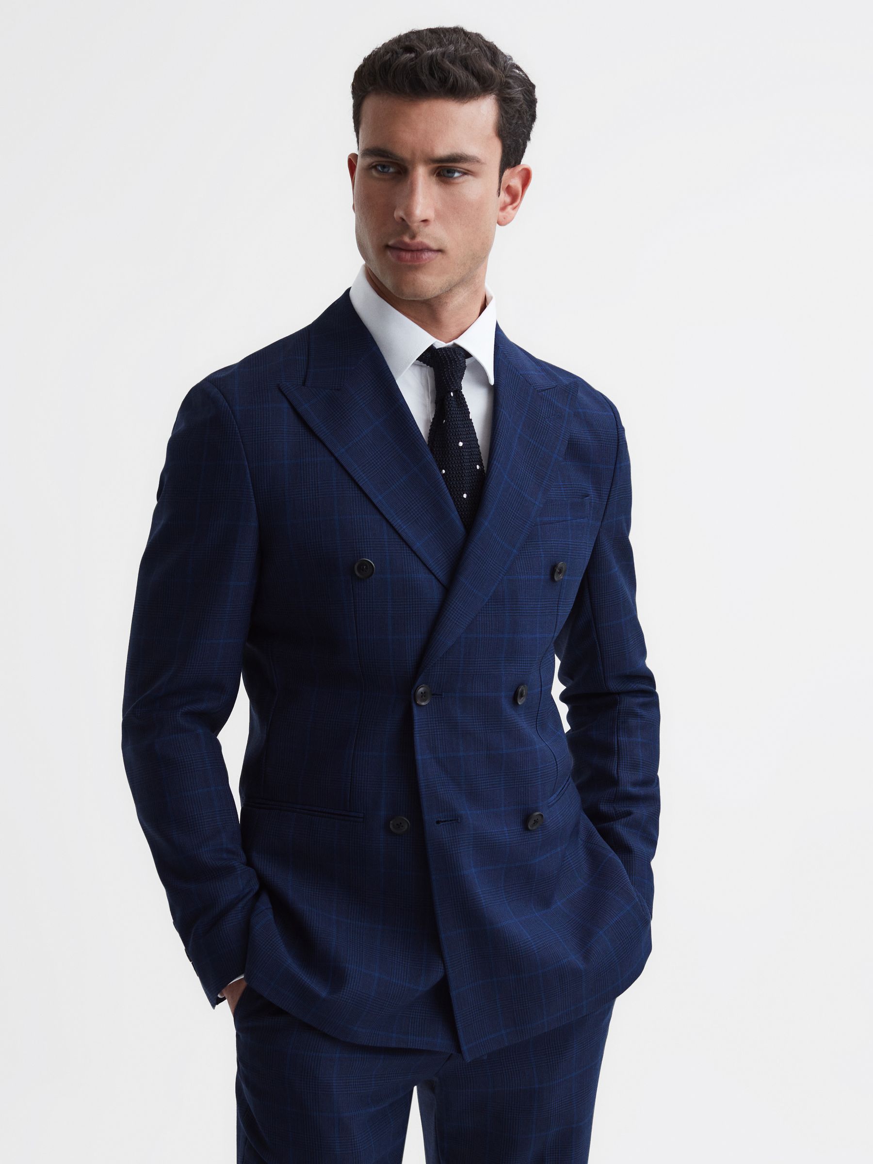 Slim Fit Wool Double Breasted Check Blazer in Navy - Image 1 of 7