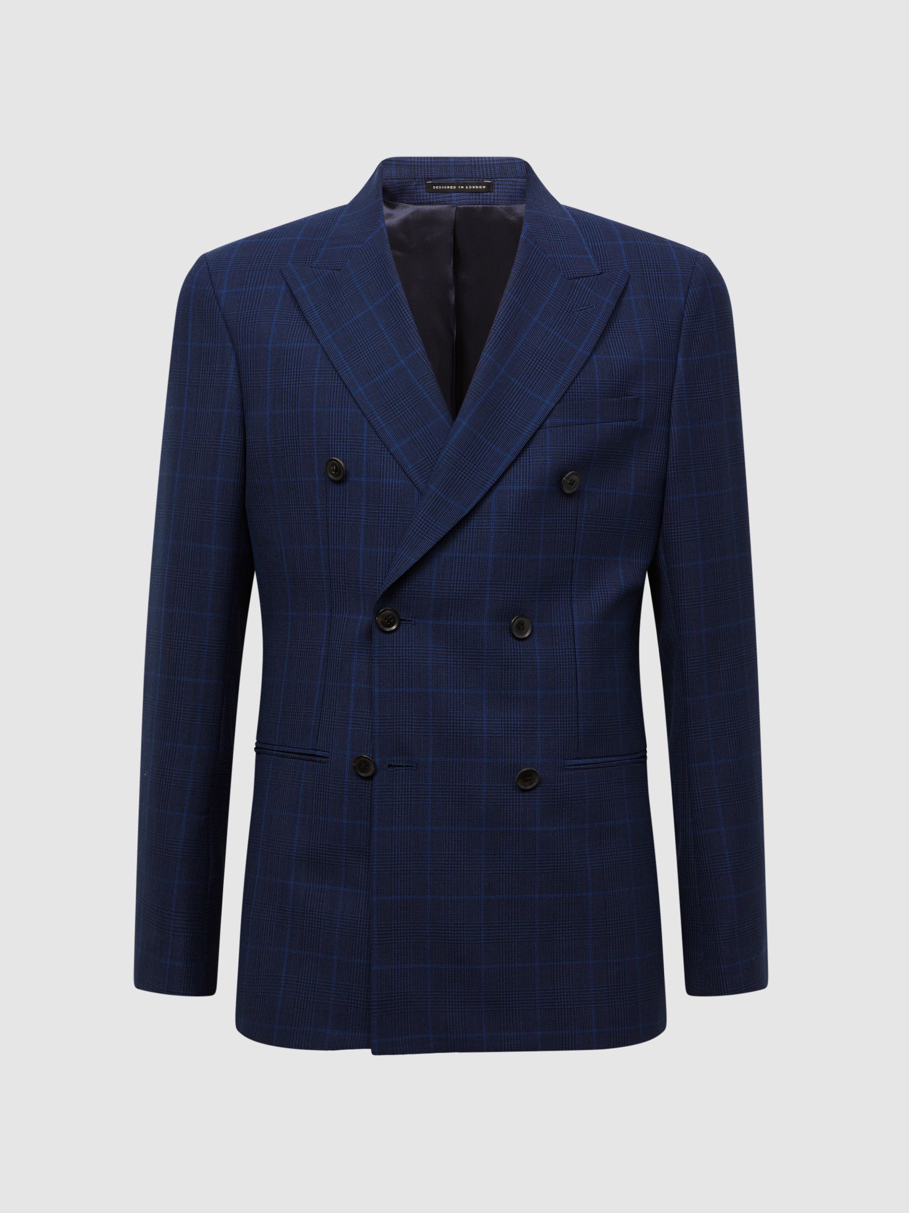 Slim Fit Wool Double Breasted Check Blazer in Navy - Image 2 of 7