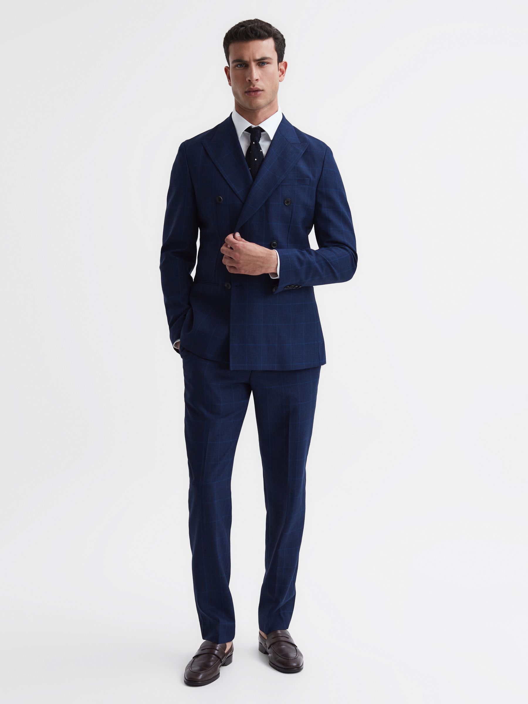 Slim Fit Wool Double Breasted Check Blazer in Navy - Image 3 of 7