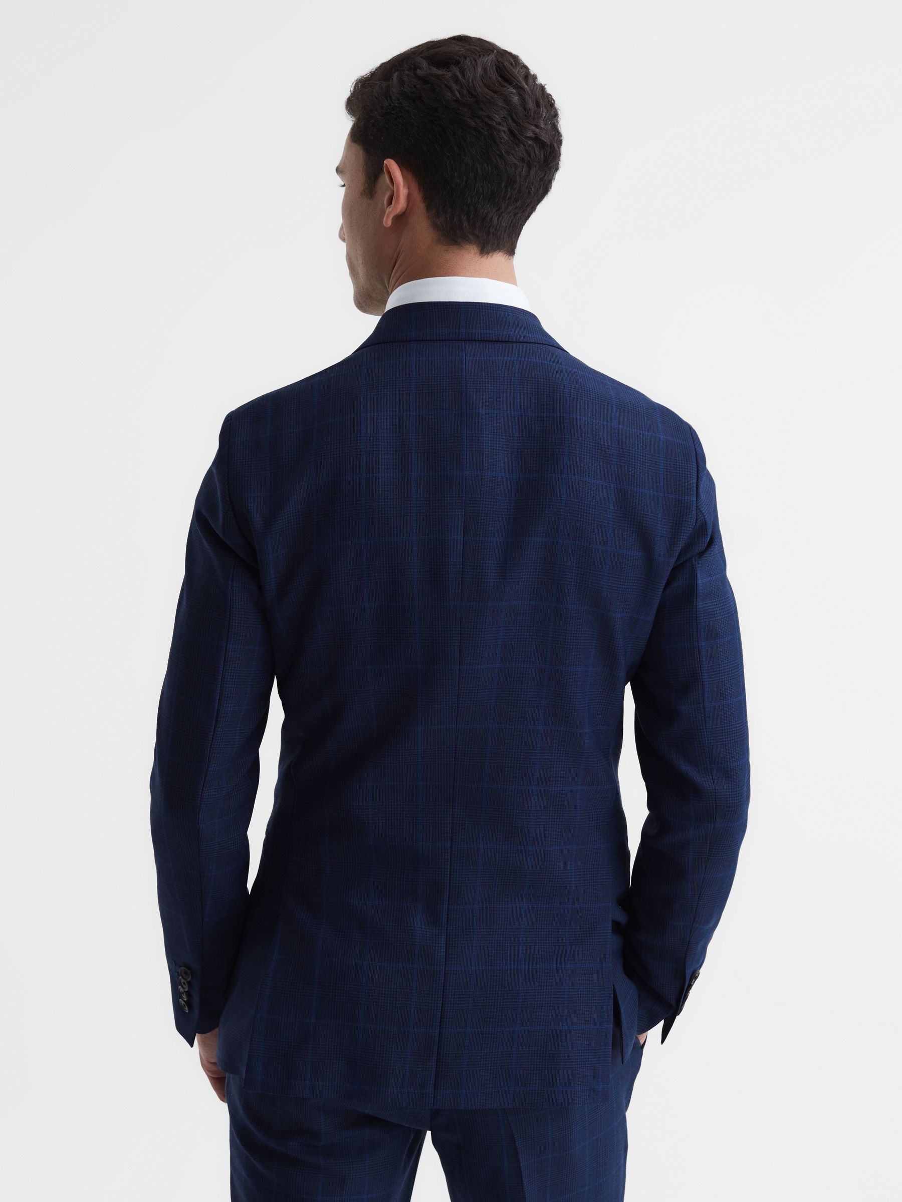 Slim Fit Wool Double Breasted Check Blazer in Navy - Image 4 of 7