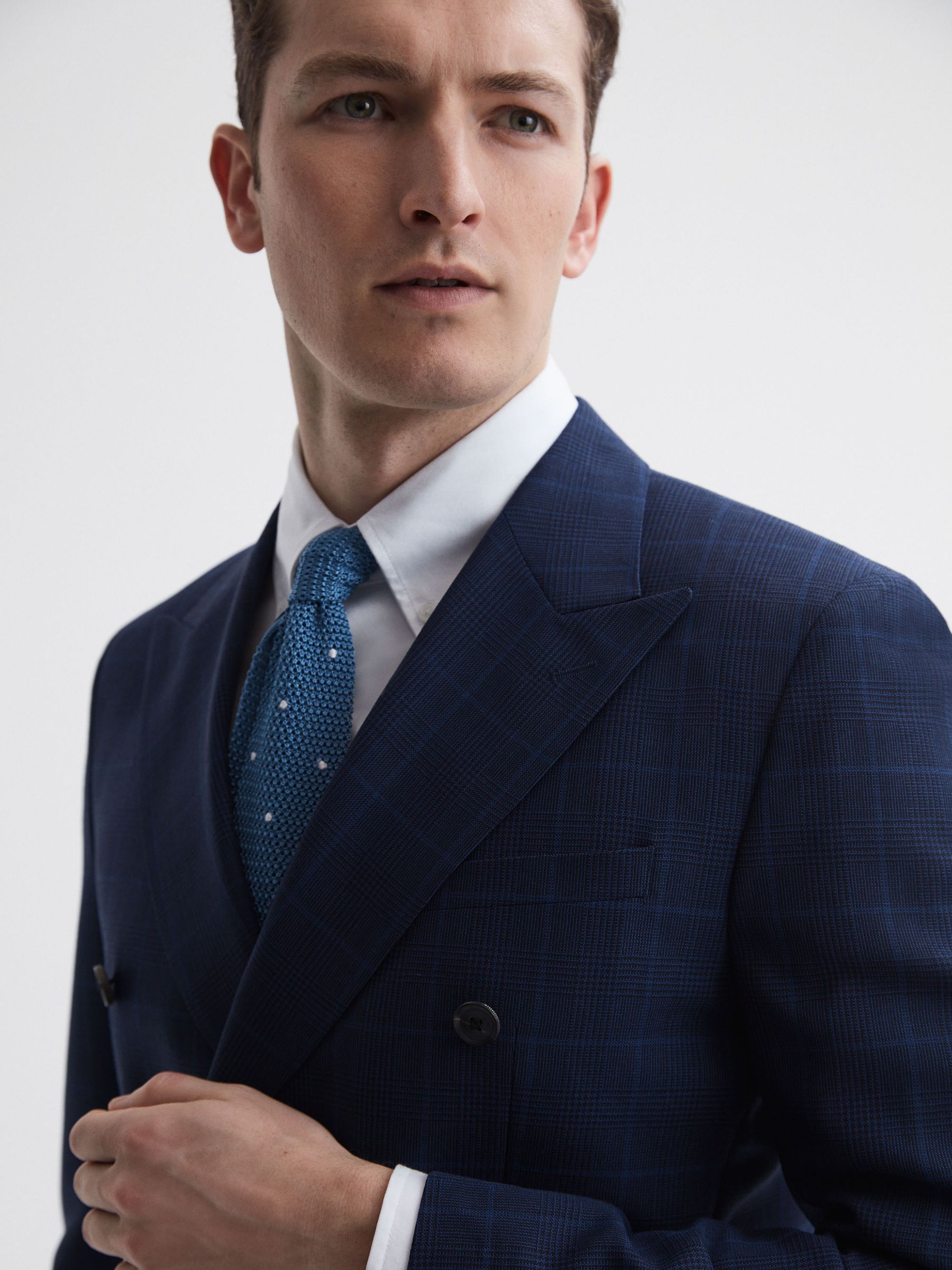 Slim Fit Wool Double Breasted Check Blazer in Navy - Image 7 of 7