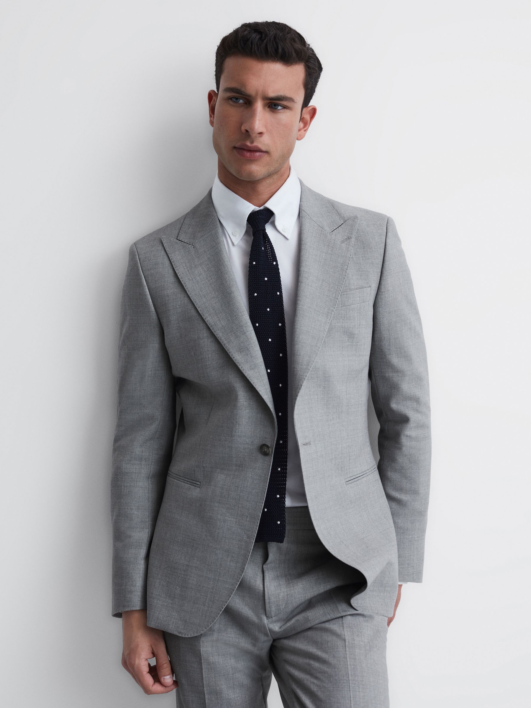 Slim Fit Single Breasted Wool Blend Blazer in Soft Grey - Image 1 of 6