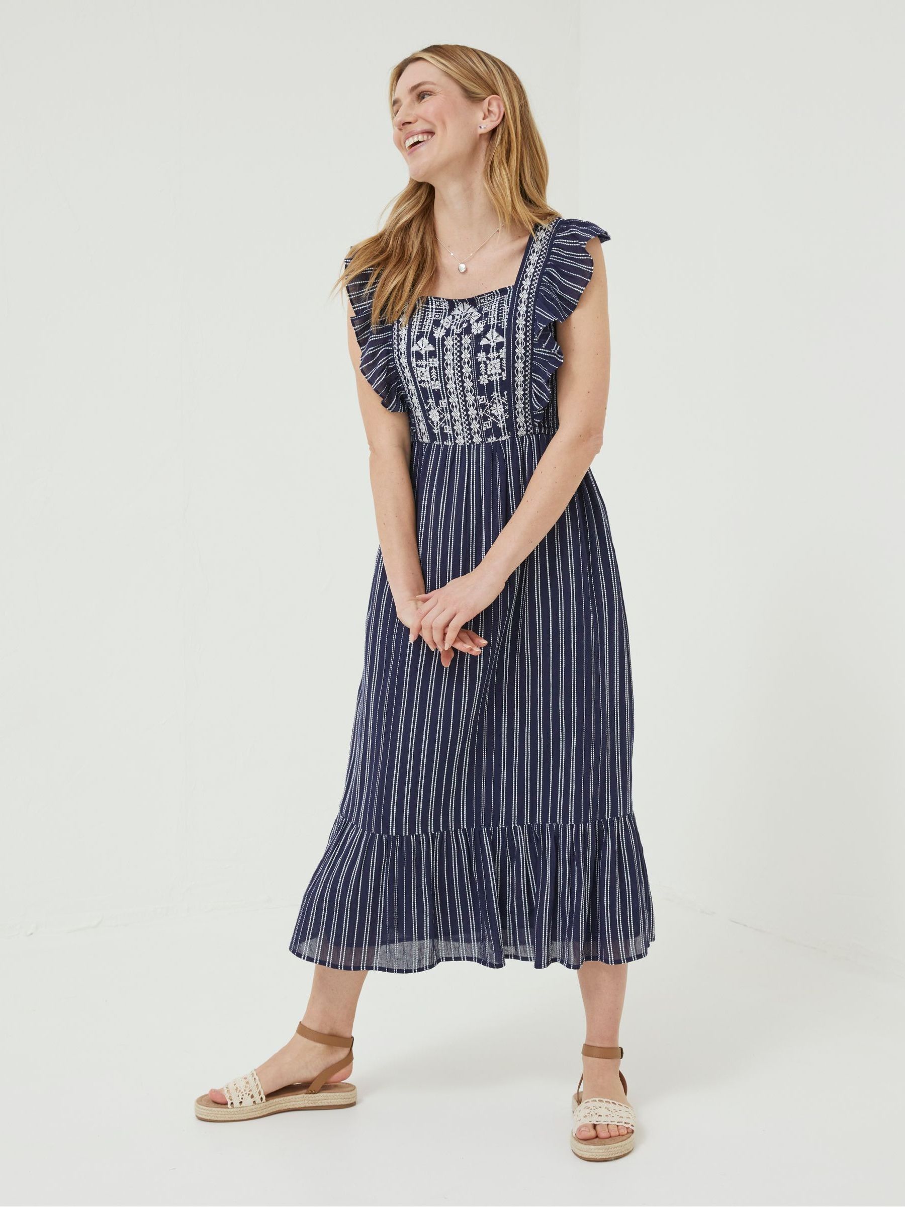 striped embroidered dress Cream Striped Sleeveless Embroidered Collar Dress main image 1