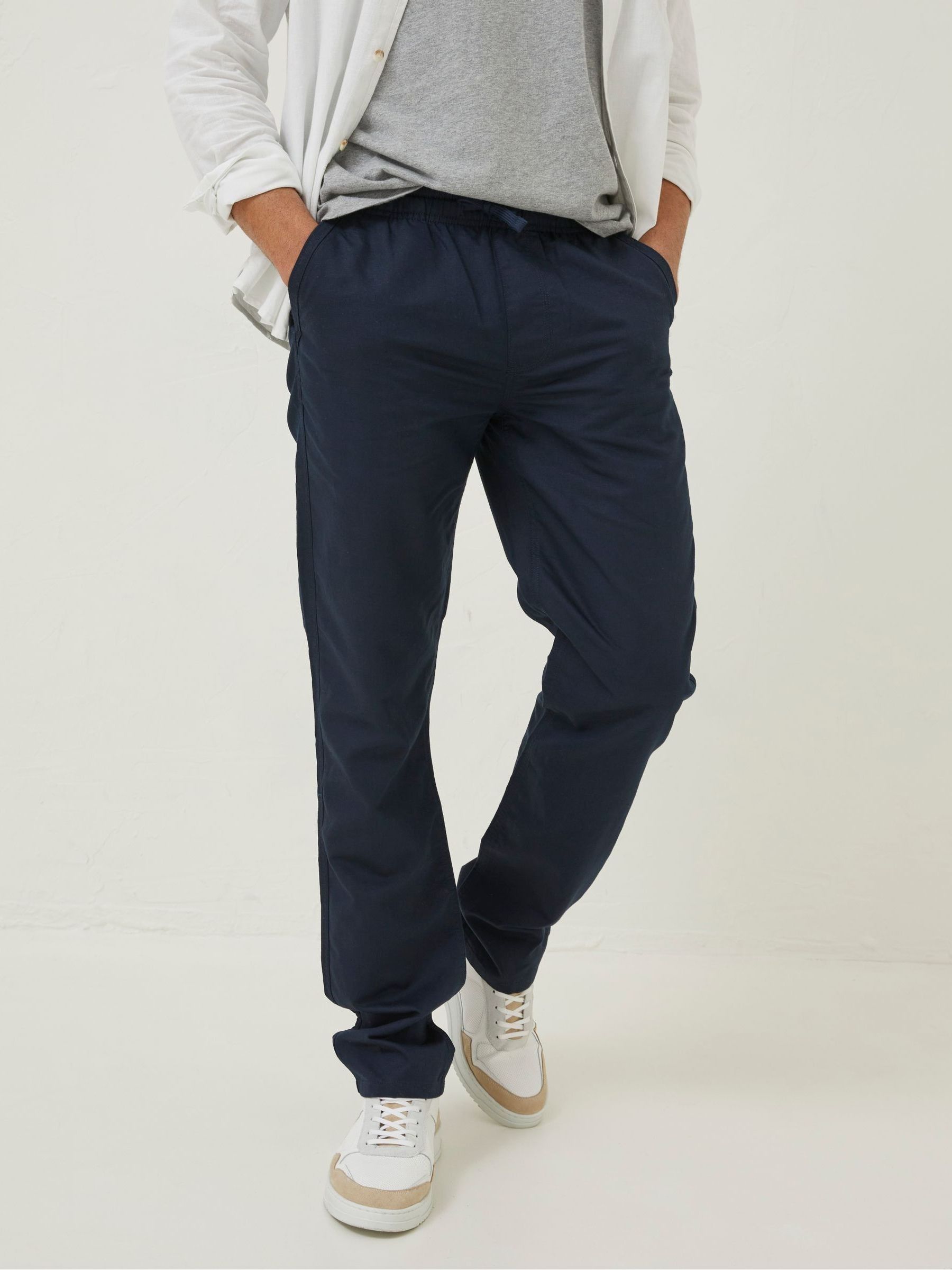 Blue Straight Cotton Linen Trousers - Image 1 of 4