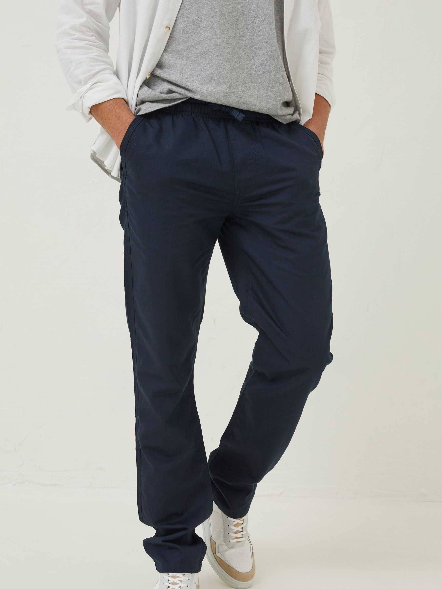 Blue Straight Cotton Linen Trousers - Image 1 of 4 Blue Straight Cotton Linen Trousers - Image 1 of 4