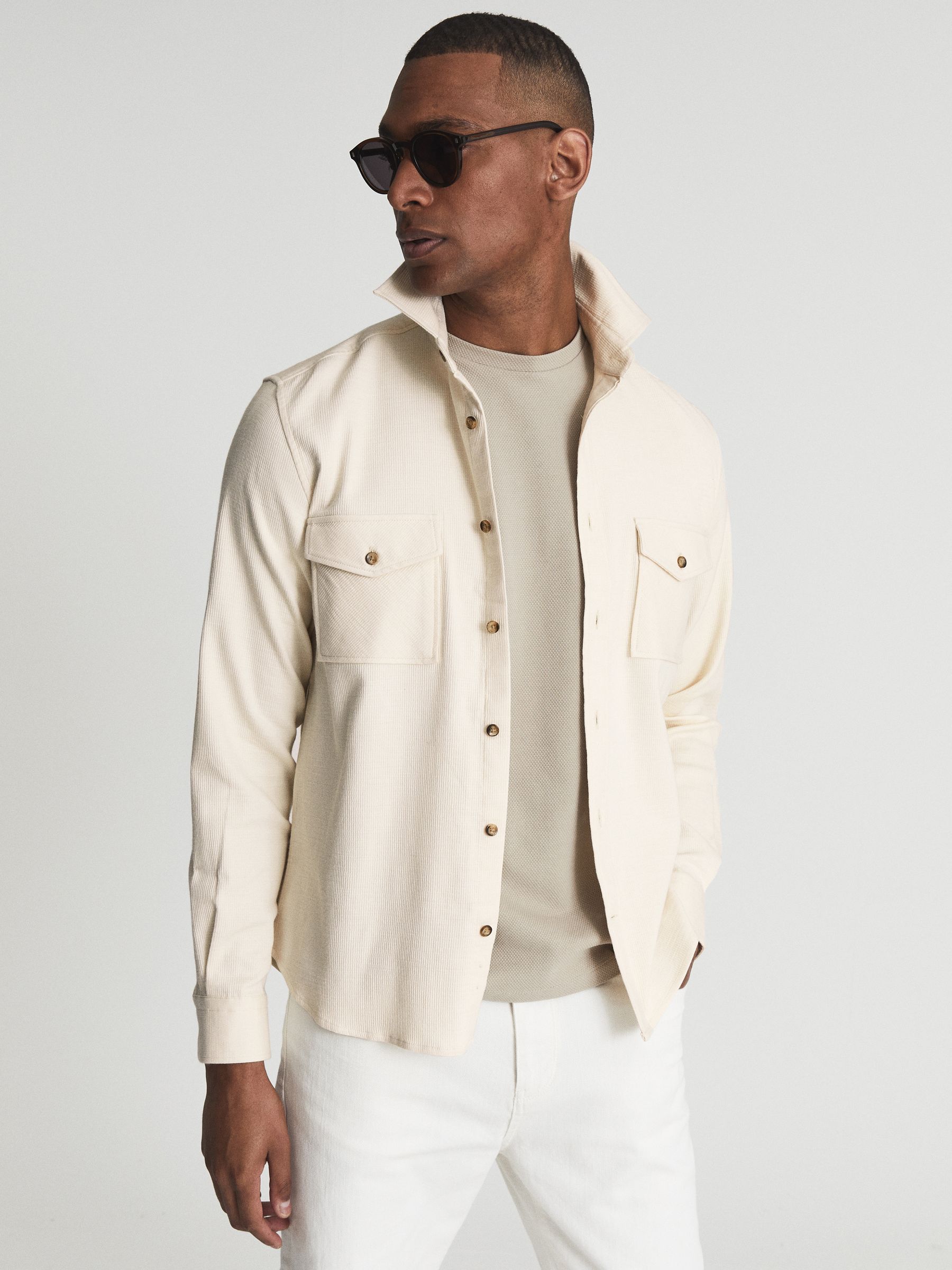 Twill Jersey Overshirt in Ecru - Image 1 of 7