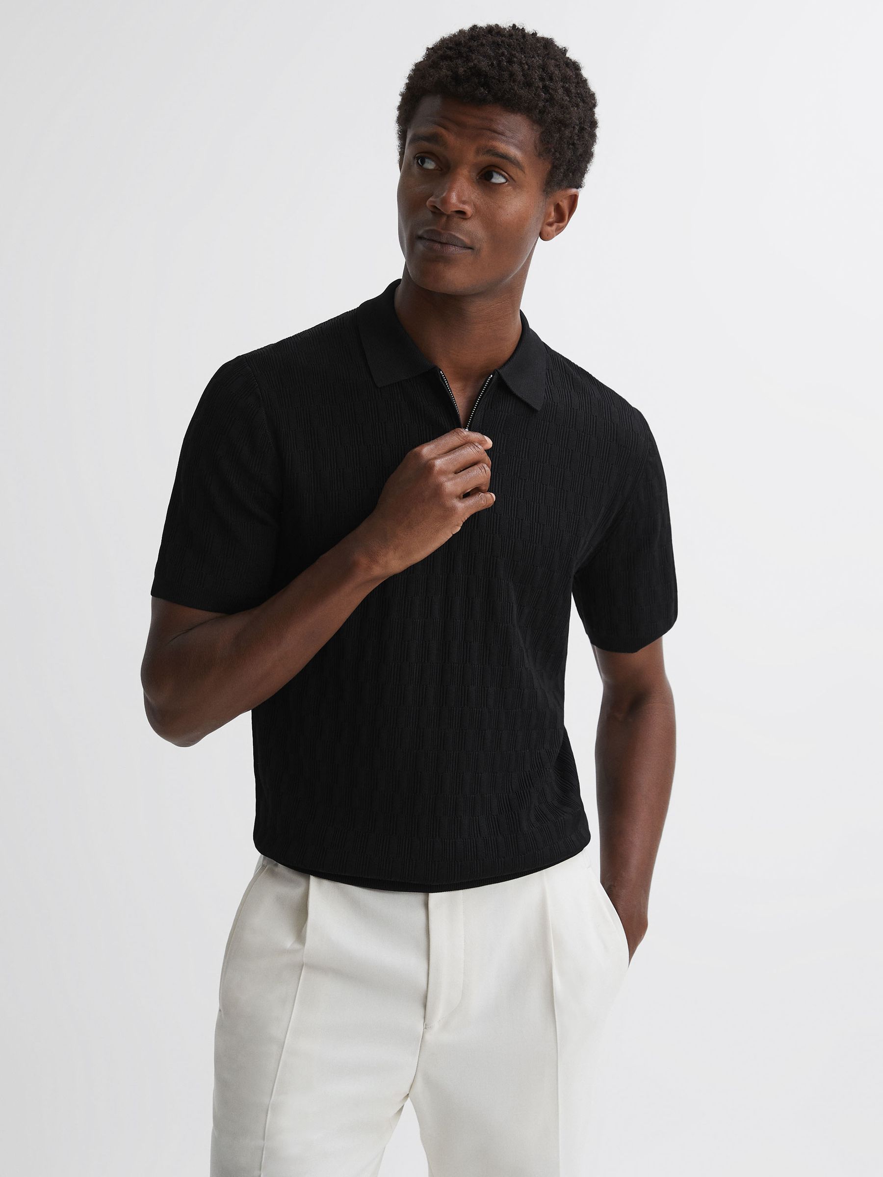 Half-Zip Textured Polo T-Shirt in Black - Image 1 of 5