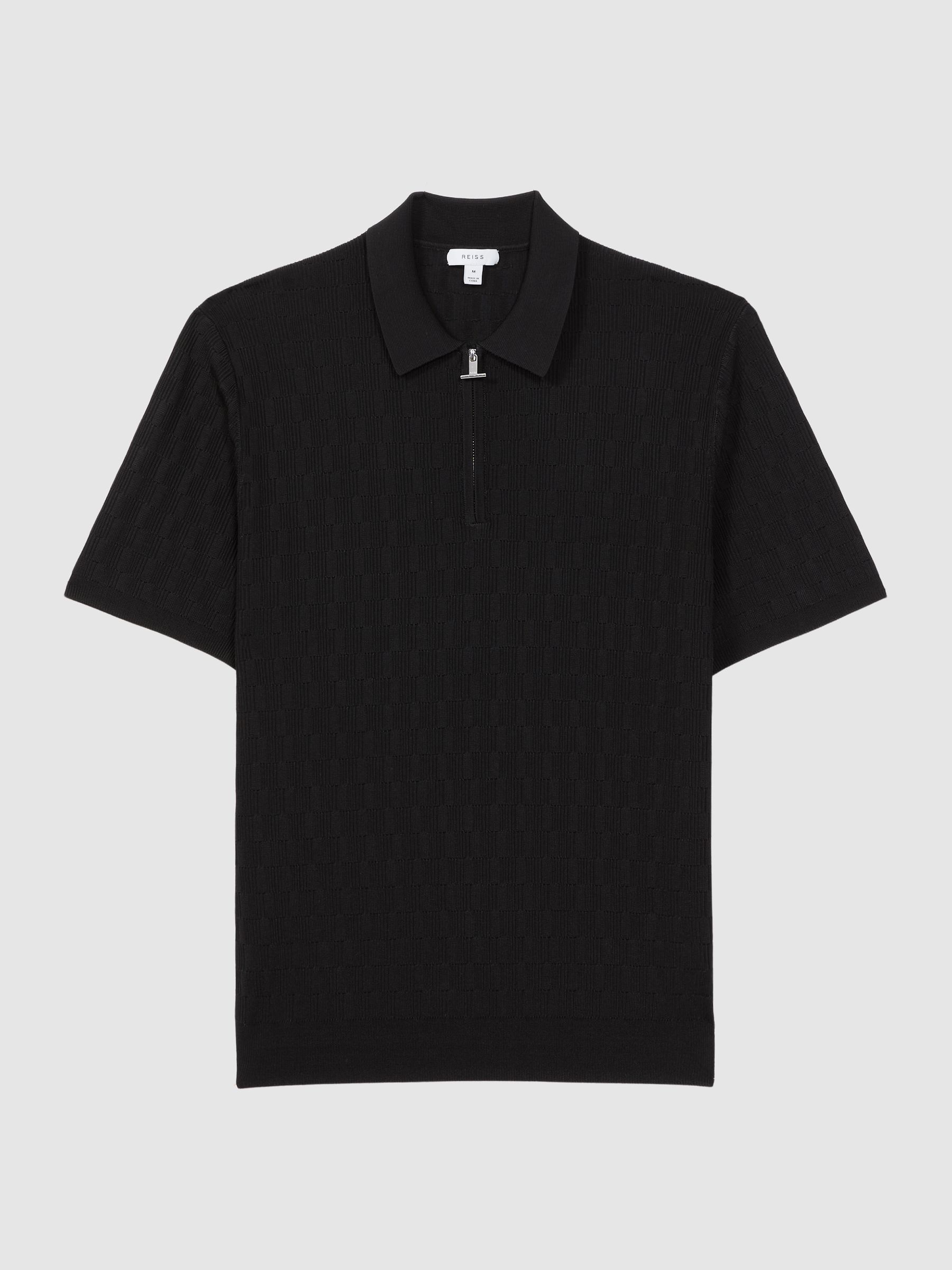 Reiss Half-Zip Textured Polo T-Shirt in Black | REISS
