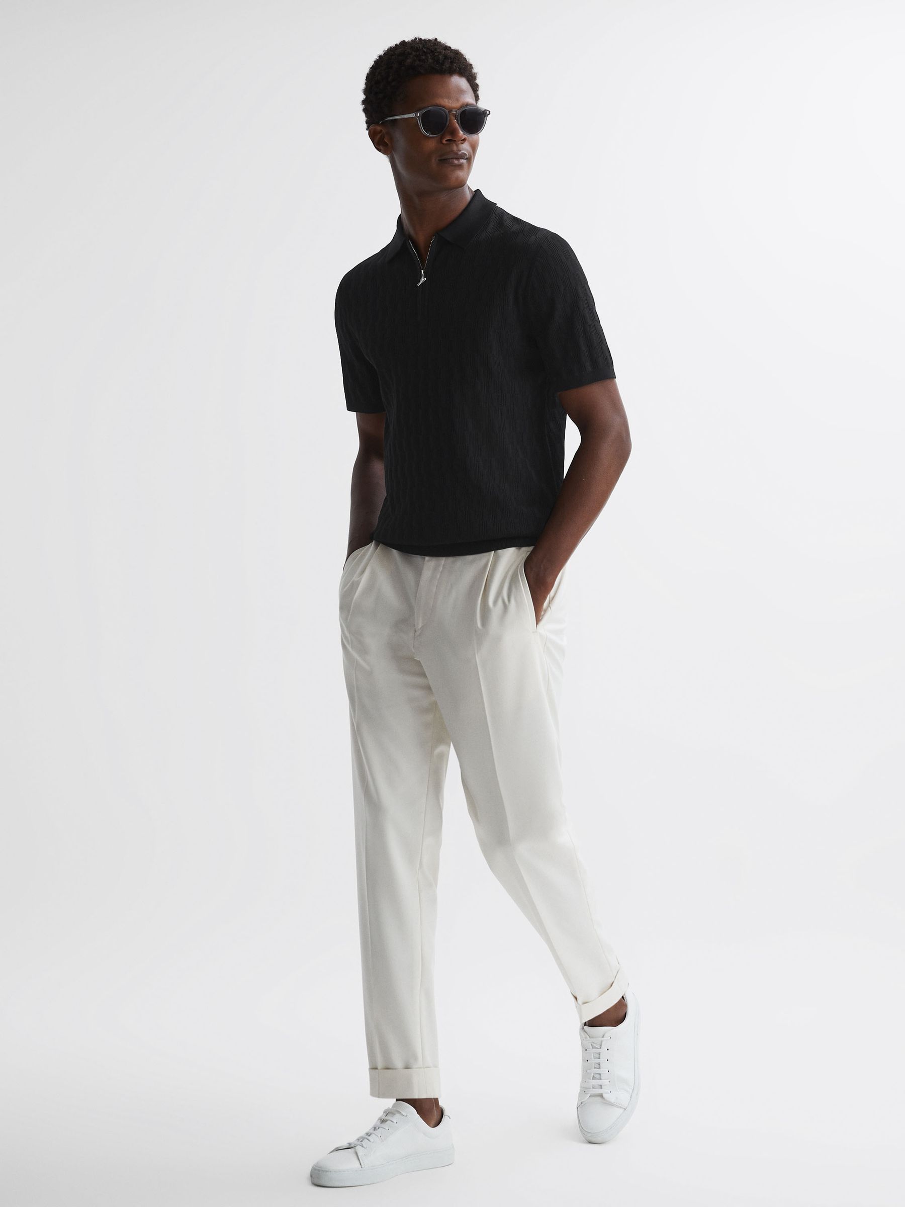 Reiss Half-Zip Textured Polo T-Shirt in Black | REISS