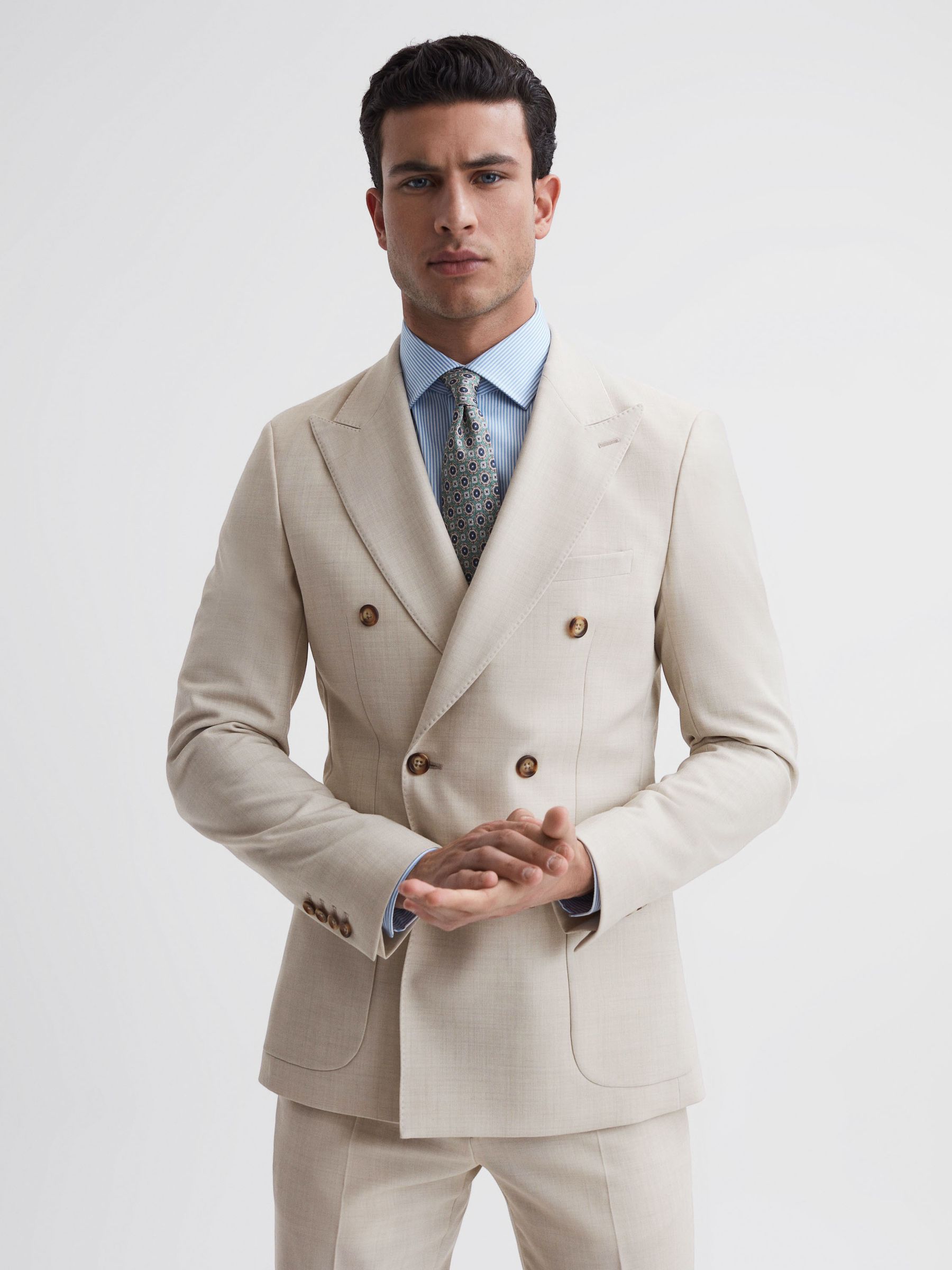 Slim Fit Double Breasted Wool Blend Blazer in Stone - Image 1 of 8