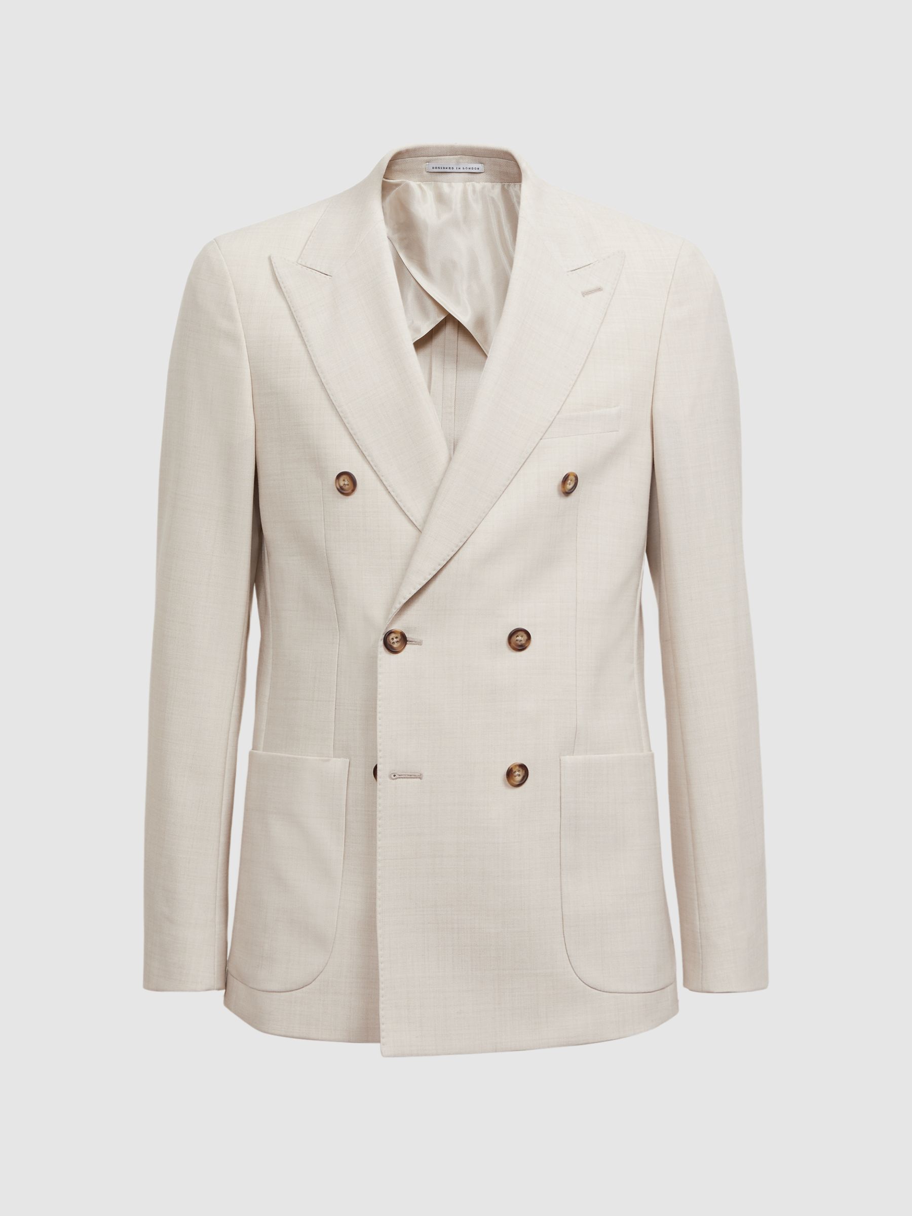 Slim Fit Double Breasted Wool Blend Blazer in Stone - Image 2 of 8 Slim Fit Double Breasted Wool Blend Blazer in Stone - Image 2 of 8